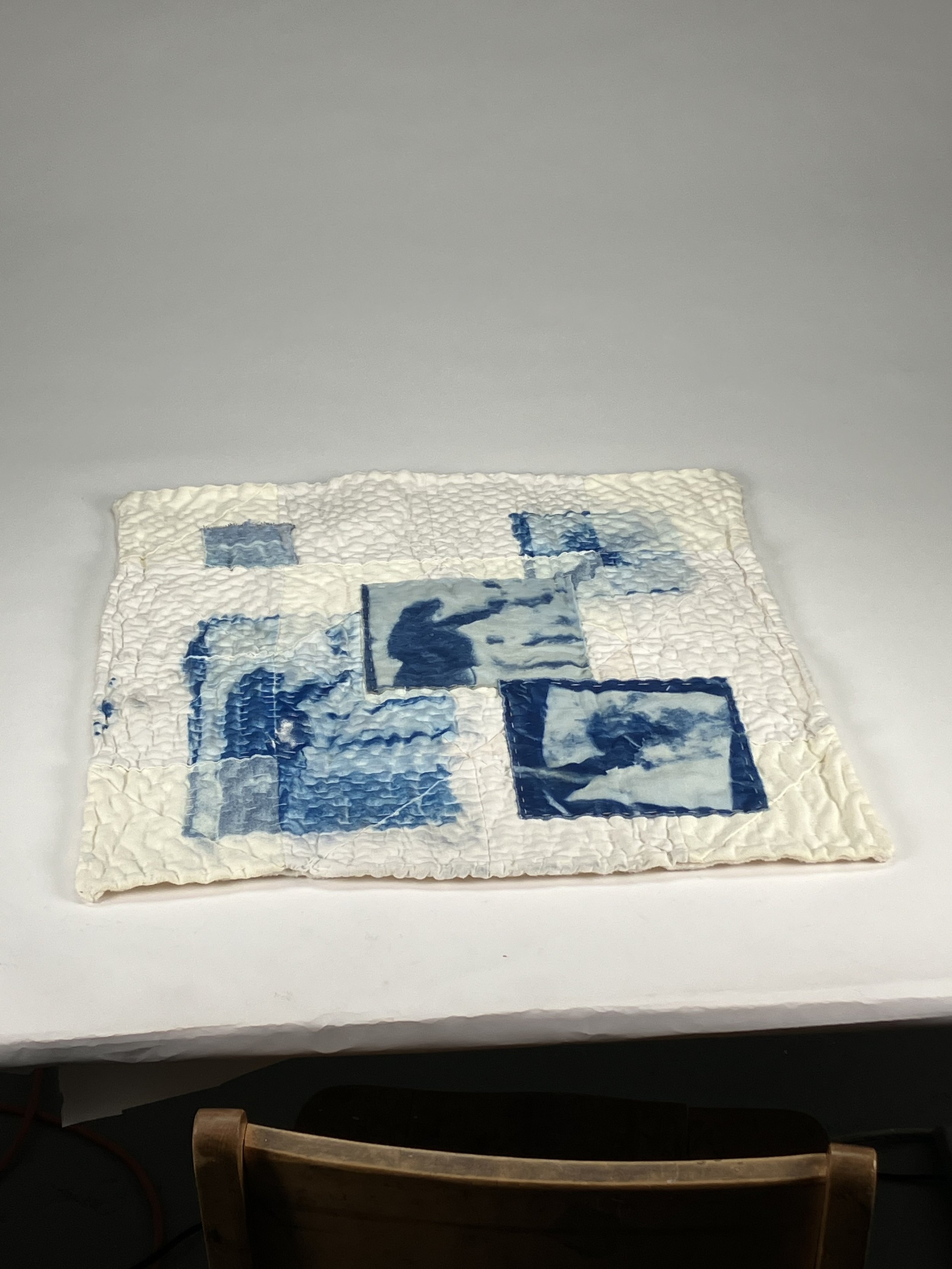 Care as the Solution, 2024.
Hand-sewn quilt made using 100% recycled cotton and canvas, cyanotype photo transfer.