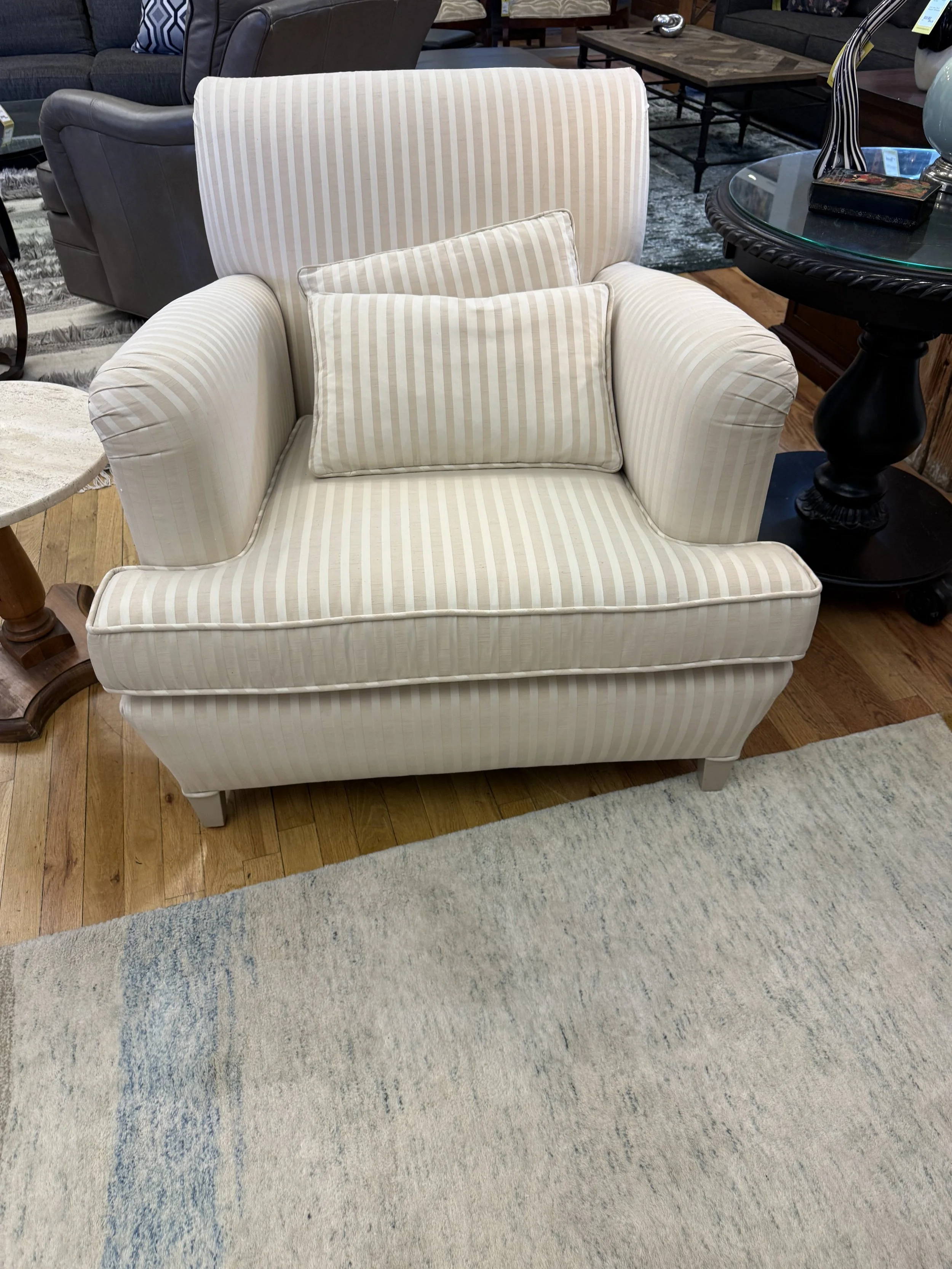 White and Cream Silk Striped Arm Chair with roll arms 