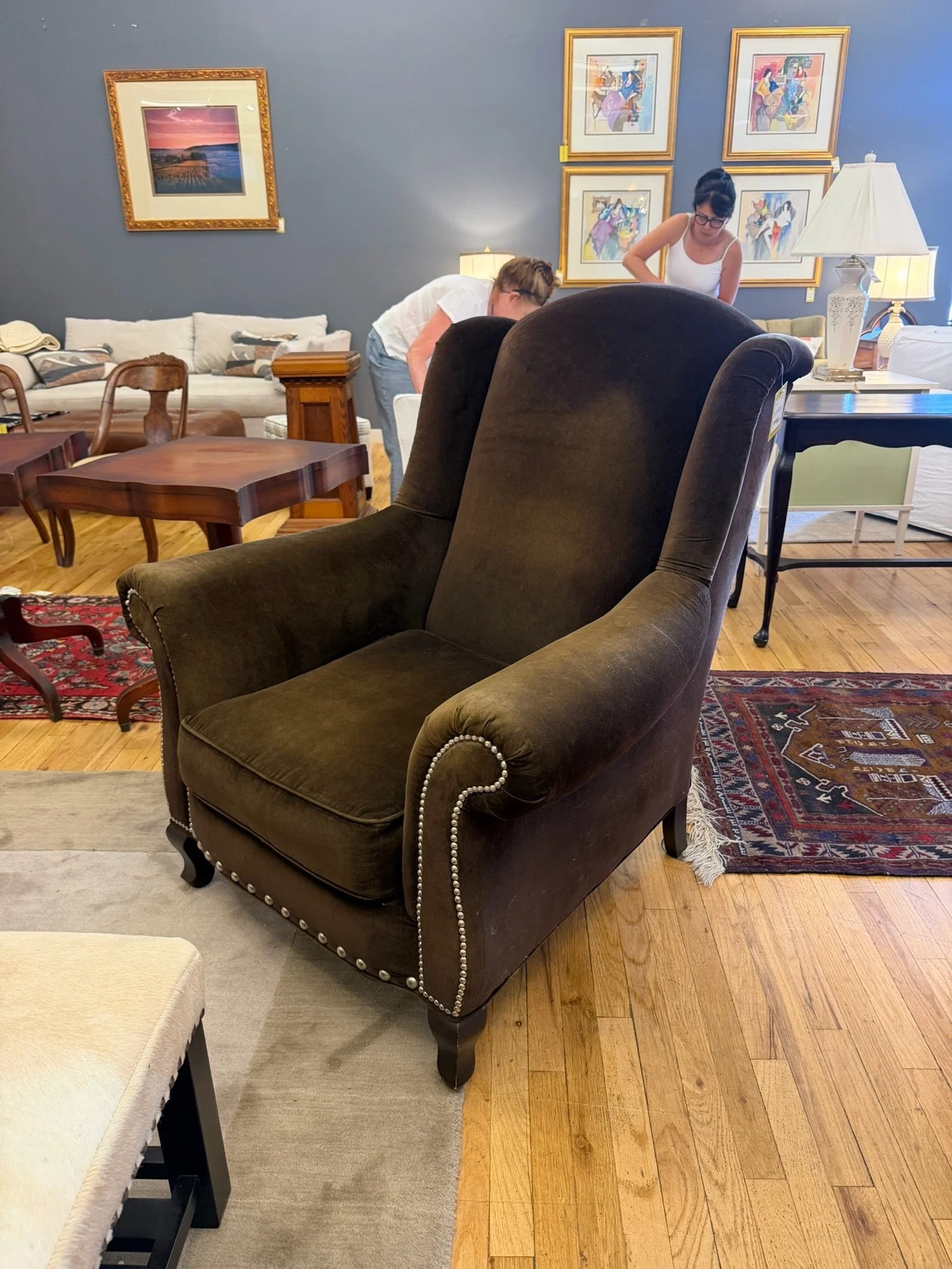 Arhaus upholostered brown velvet wingback chair