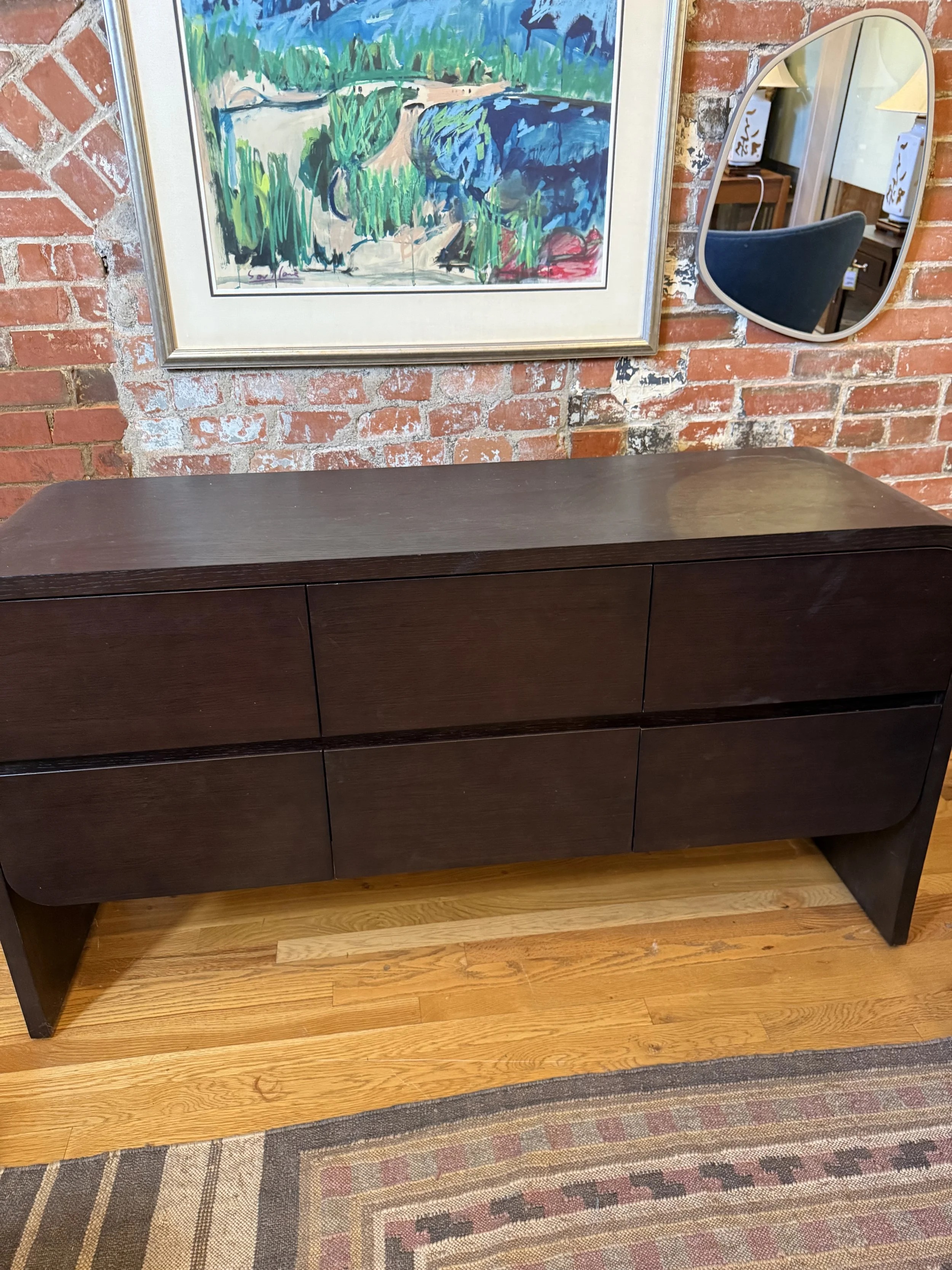 6 Drawer Dresser modern low profile w/curved rounded edges and slab legs, Crate and Barrel, Charcoal color 