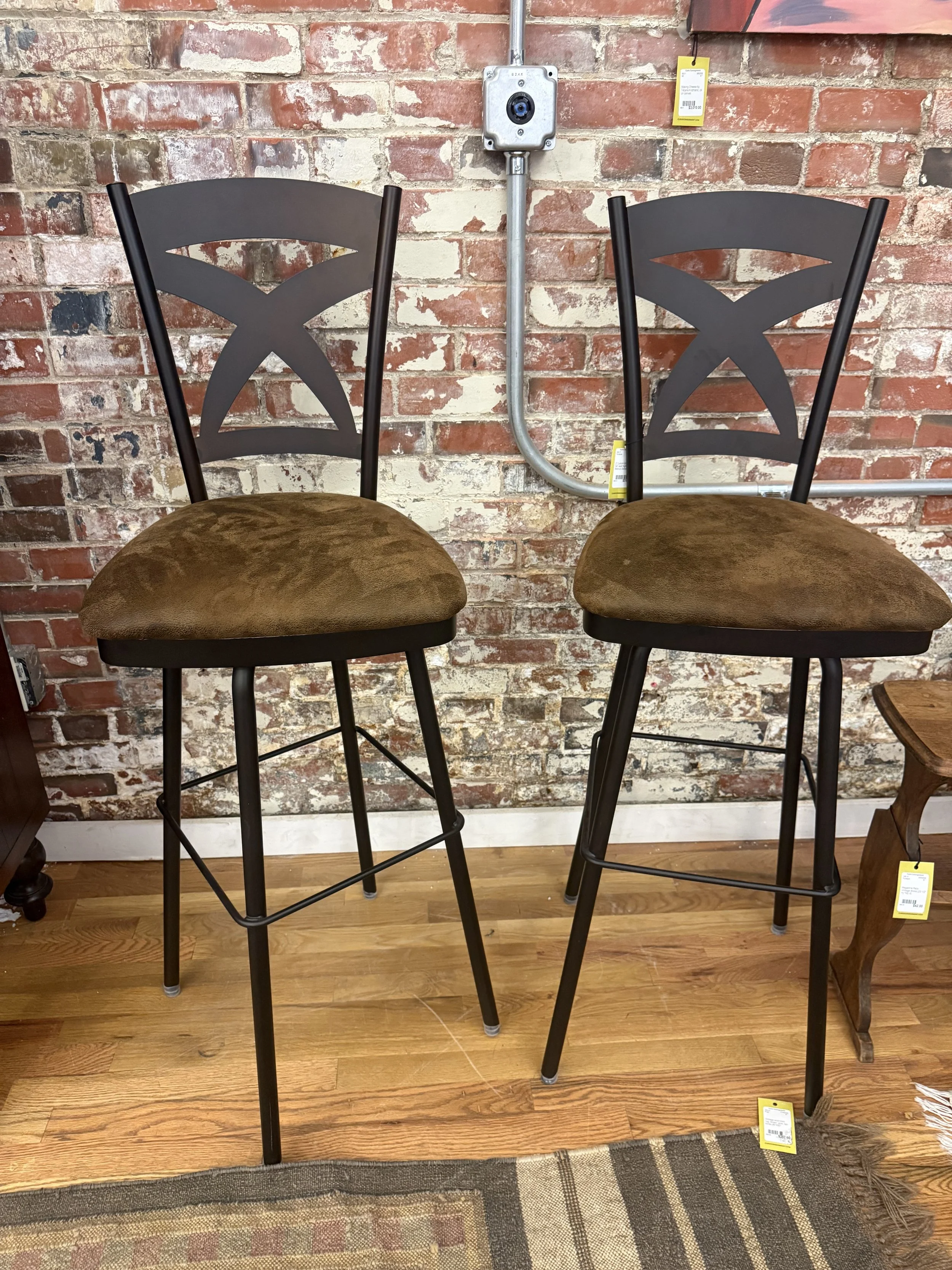 2 custom Bar Stools 34" seat height, Amisco MArcus Swivel , Brown Seat Covers 