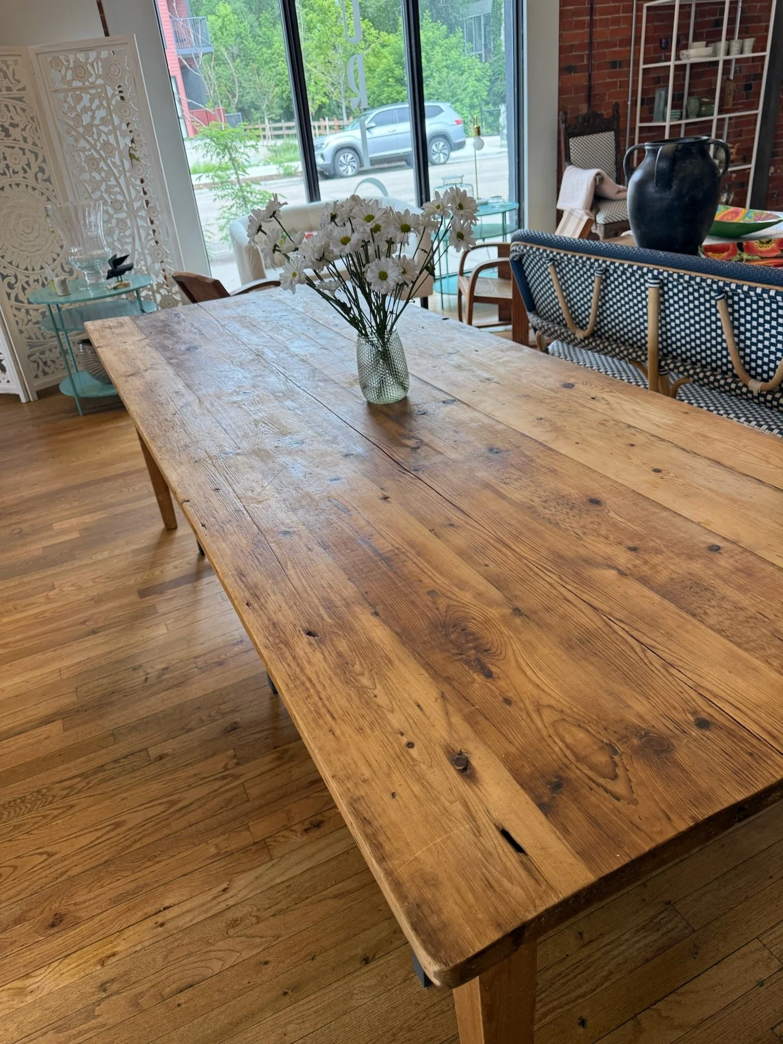 A large wooden dining table 