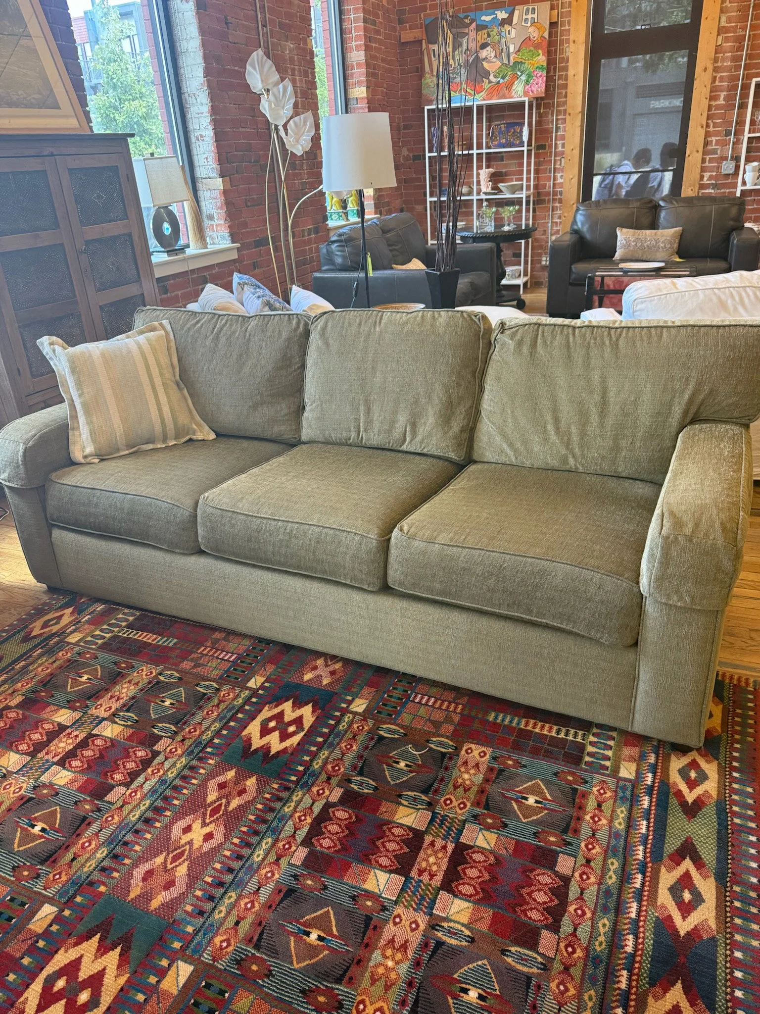 Ethan Allen Sofa 88"x40"x31" 3 soft green texuted fabric with tailored track arms 