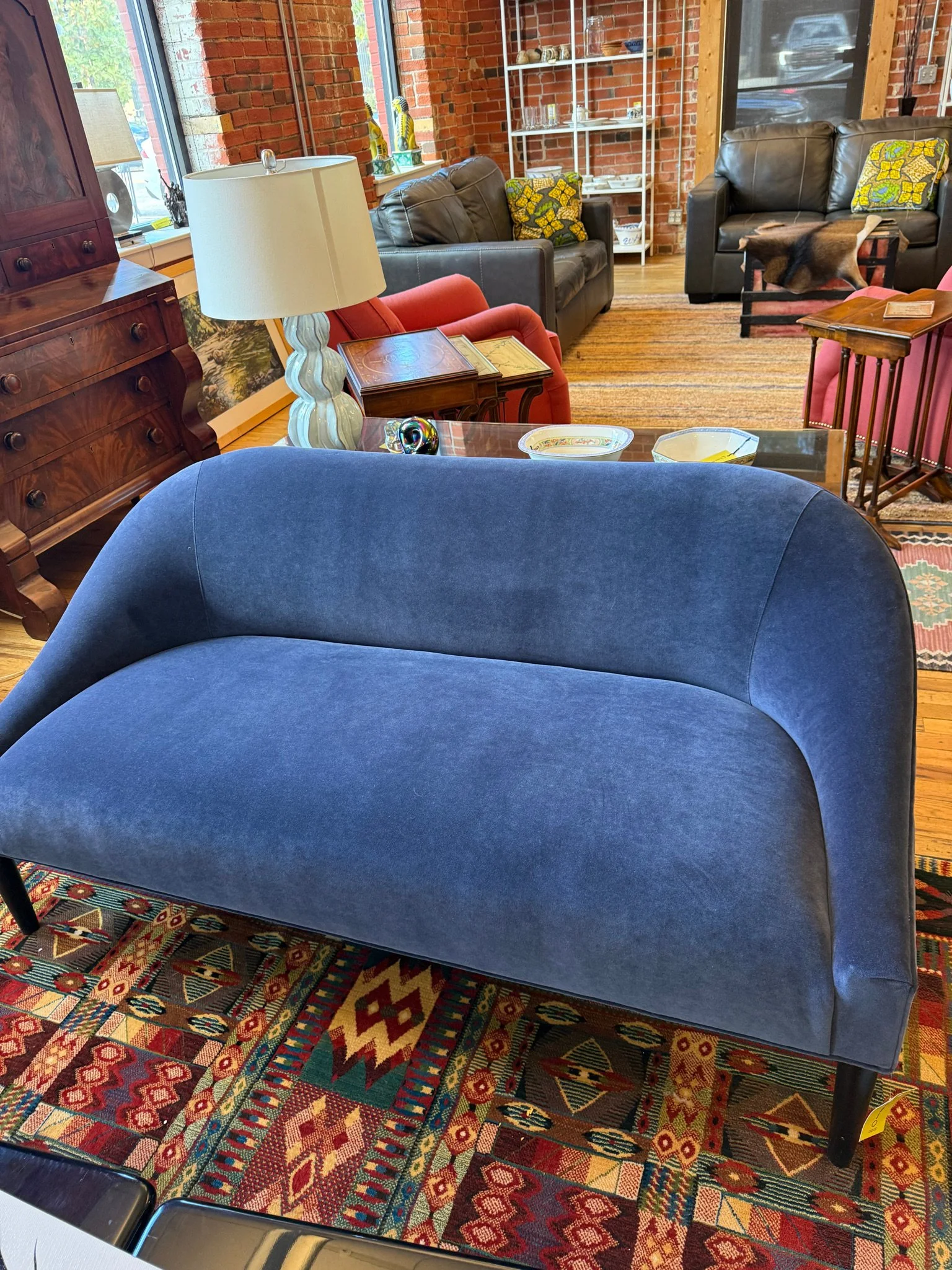 Loveseat - Mitchell GOld Cora Sofa/Settee, Rich BLue Velvetw/Slim Dark Tapered Legs