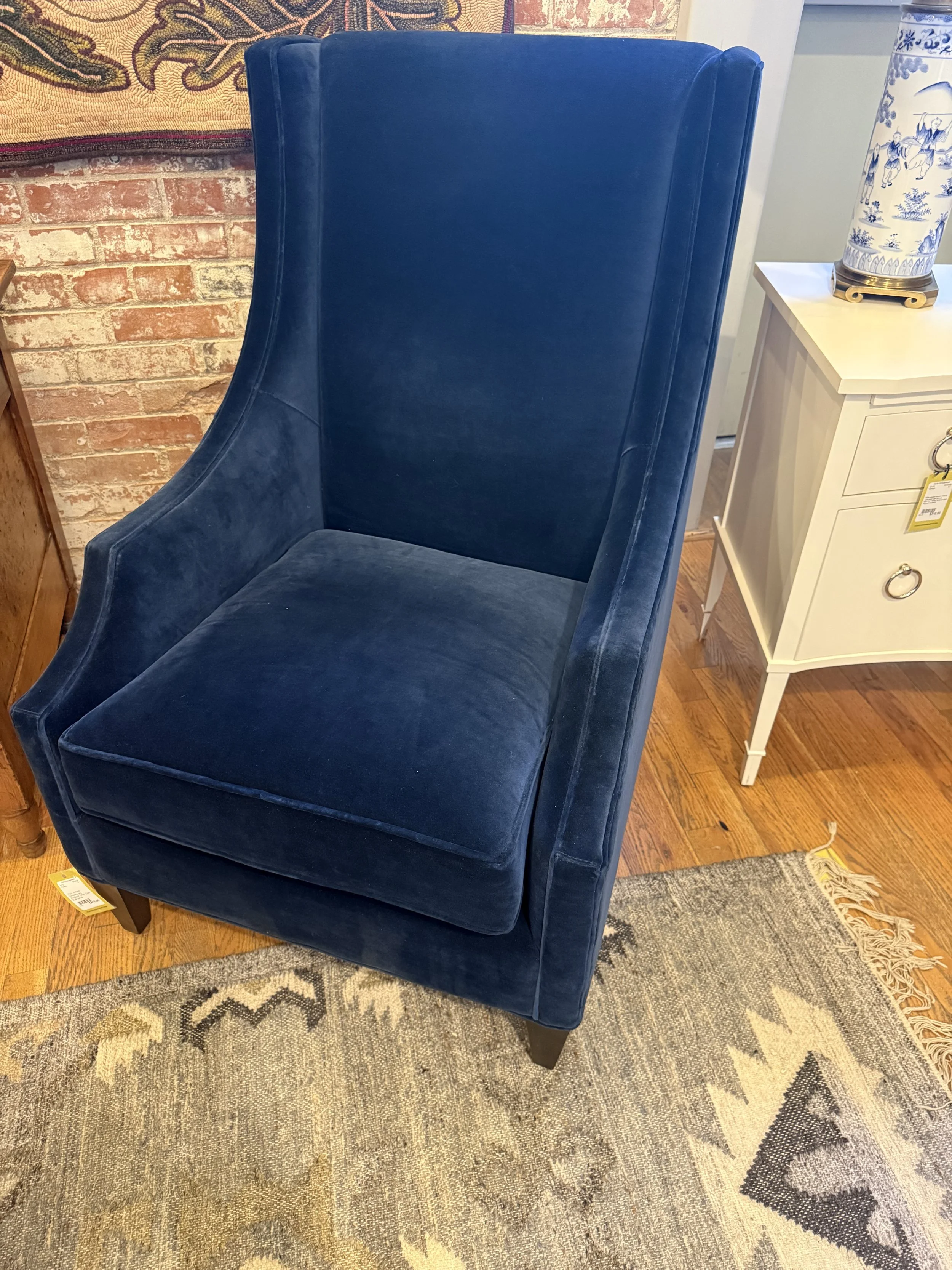 Arhaus Contemporary Wingback Chair, Dark BLue Velvet 
