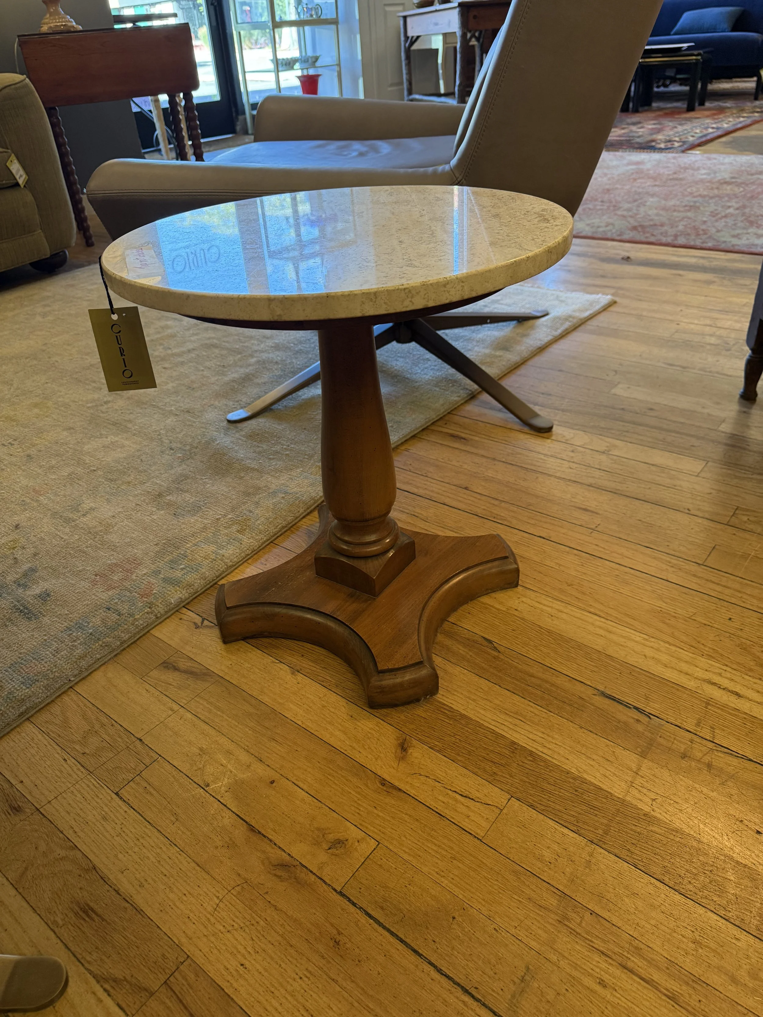 Pair of vintage round pedestal walnut side tables w/travertine stone top 19" x 18" made in italy - Sold as a pair 