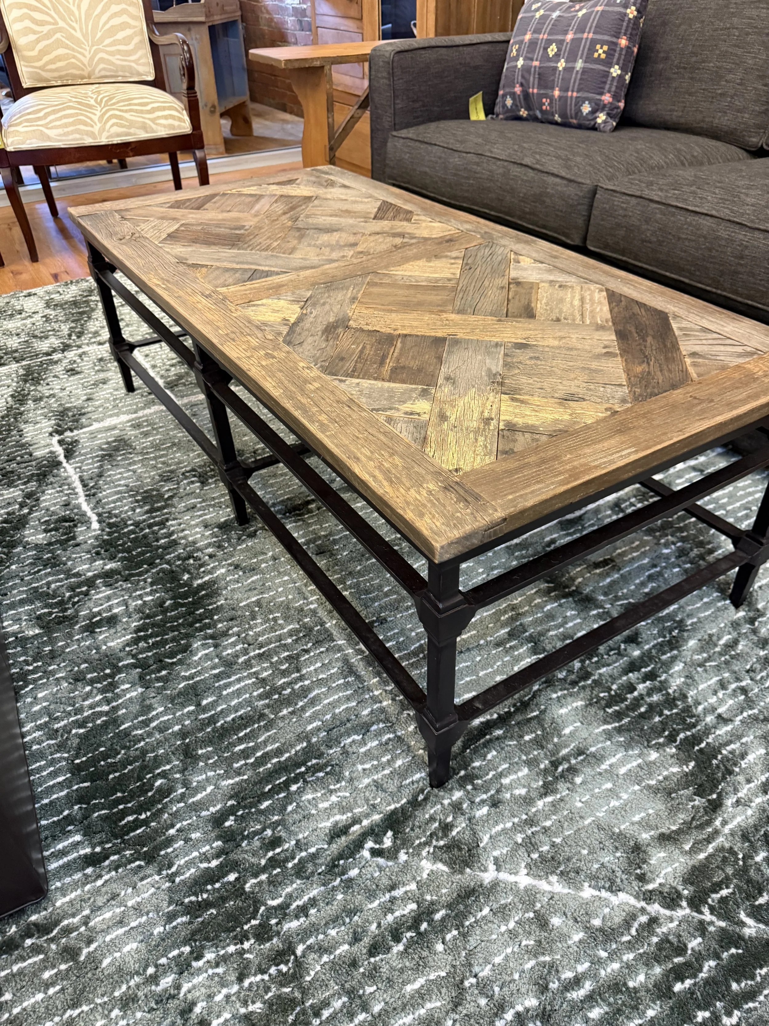 Coffee Table Parquet recatngular reclaimed wood on iron frame 54" x26" x 18" ( Pottery barn ?) 