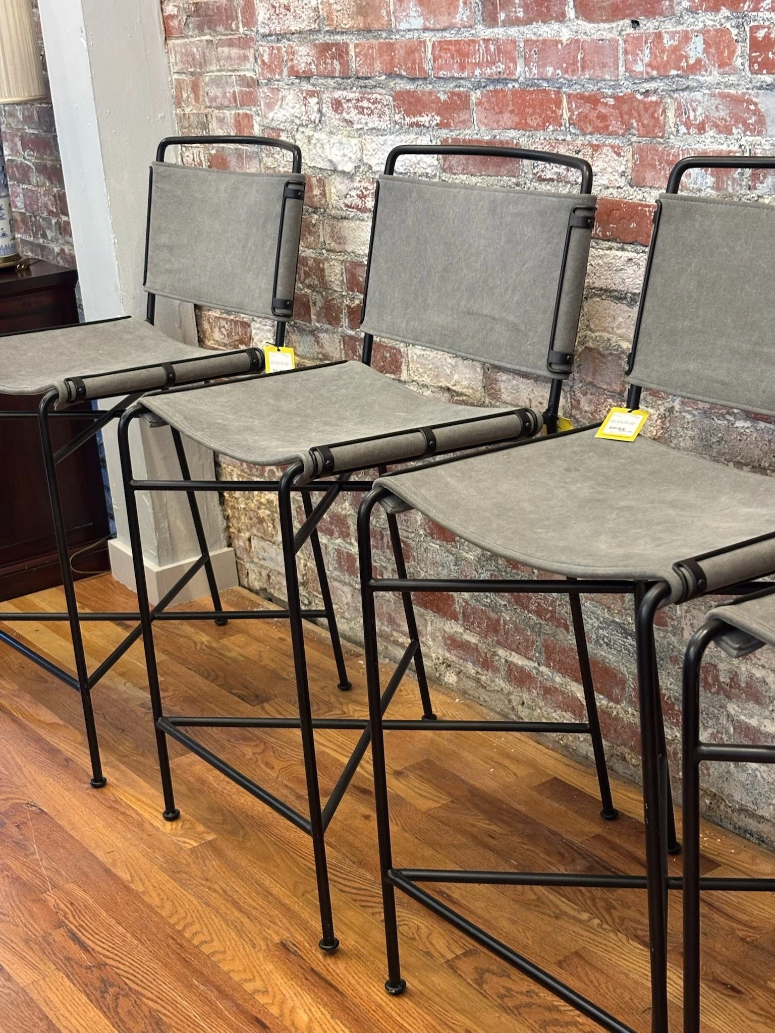 Stools, counter-height, steel tubing, gray canvas seat, set of 4