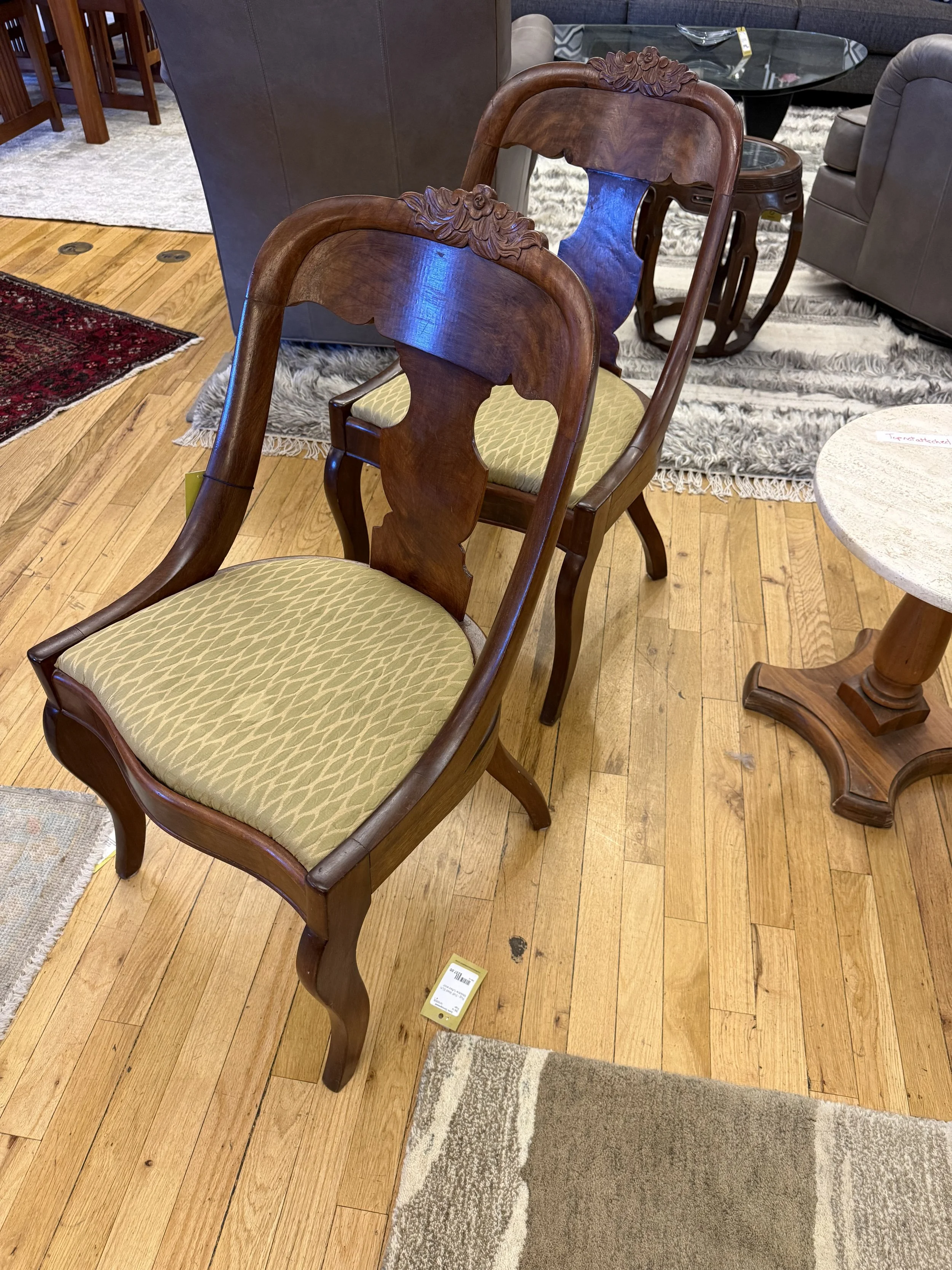 Pair of antique carved floral back green and gold cushion seat 