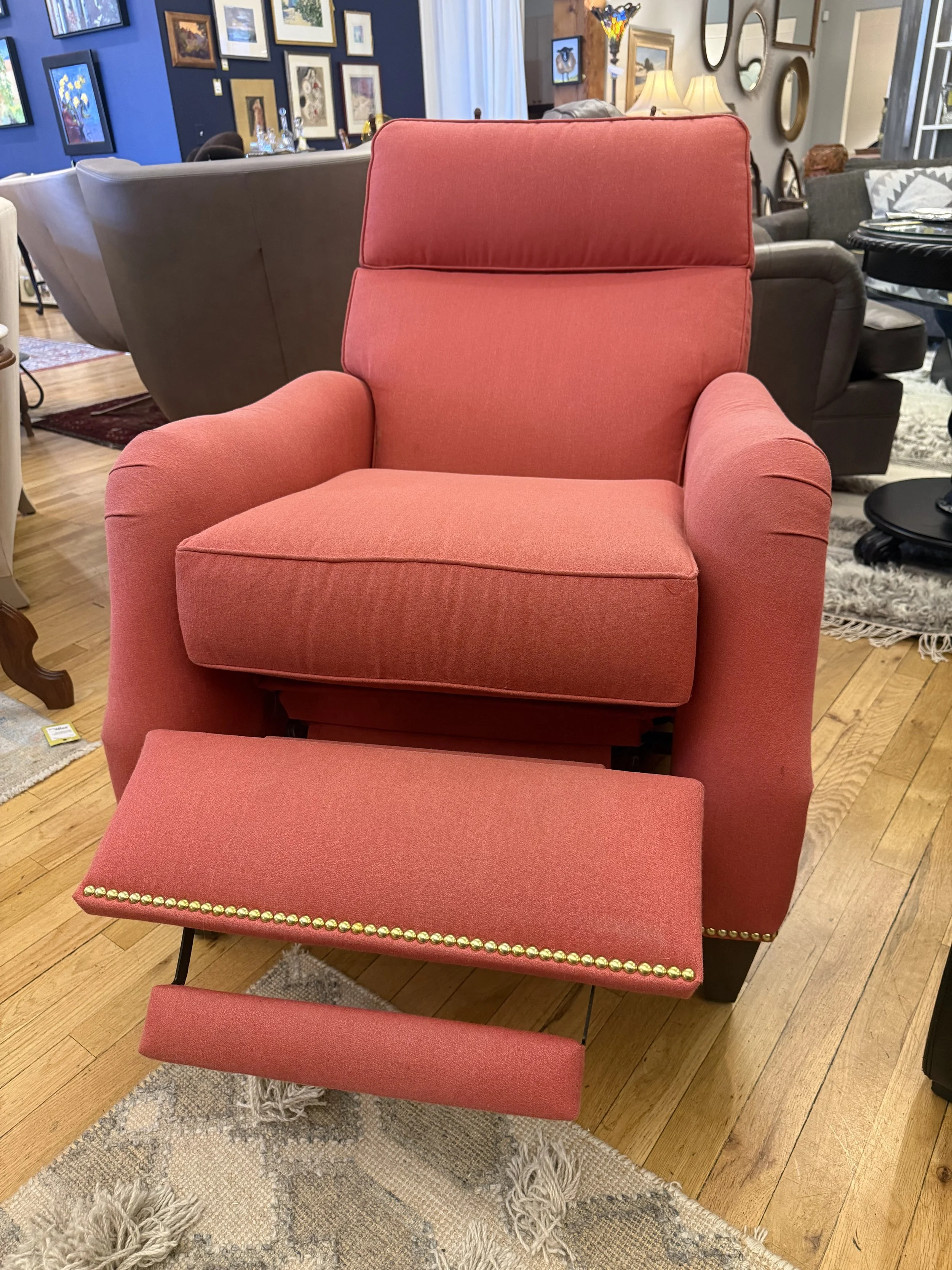 A pair of Ethan Allen (Aiden) push -back recliners with high back, nailhead trim, sunset red 