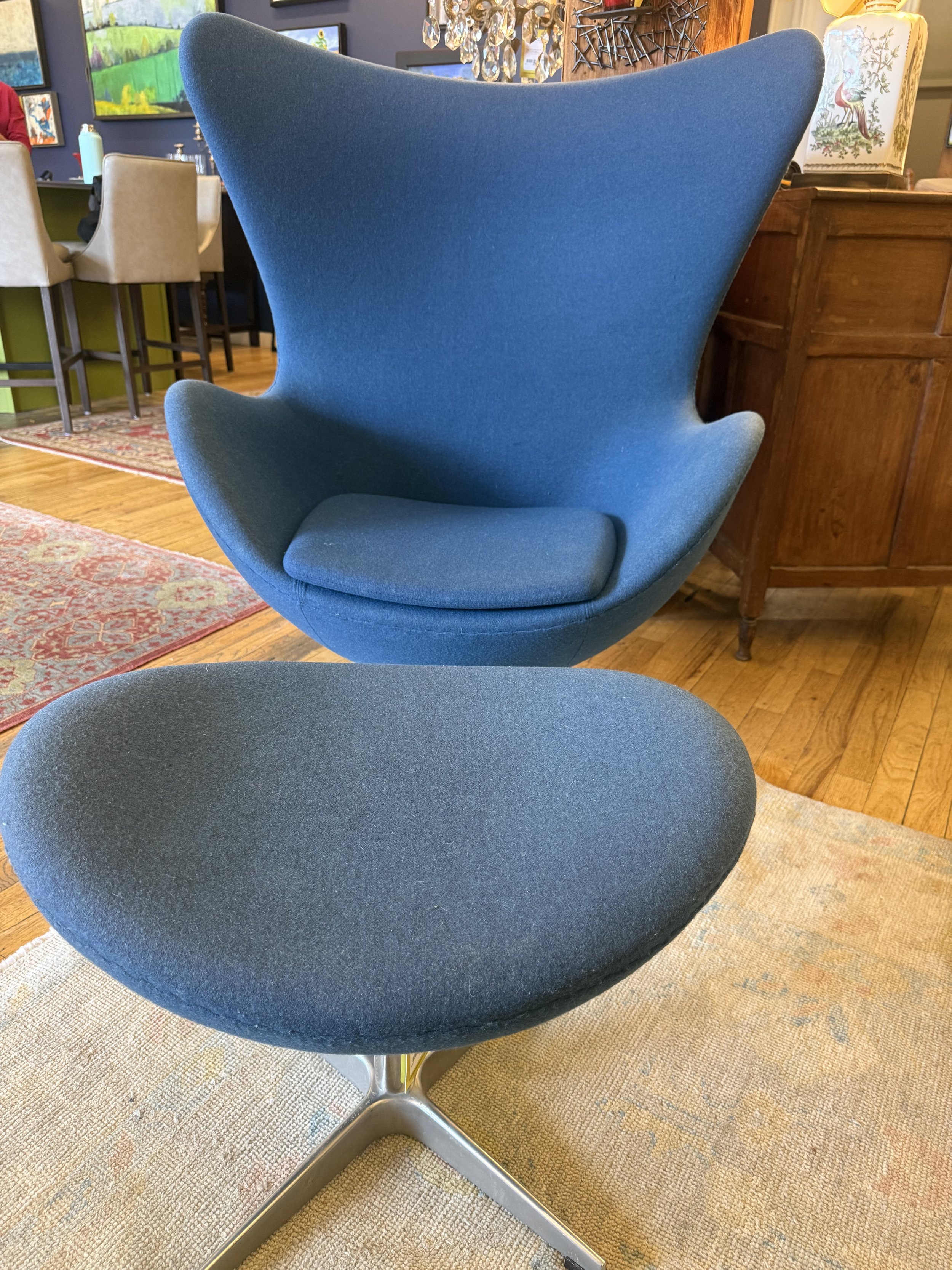 Egg Chair - Sculptural Blue Upholstered Shell with MAtching ottoman 