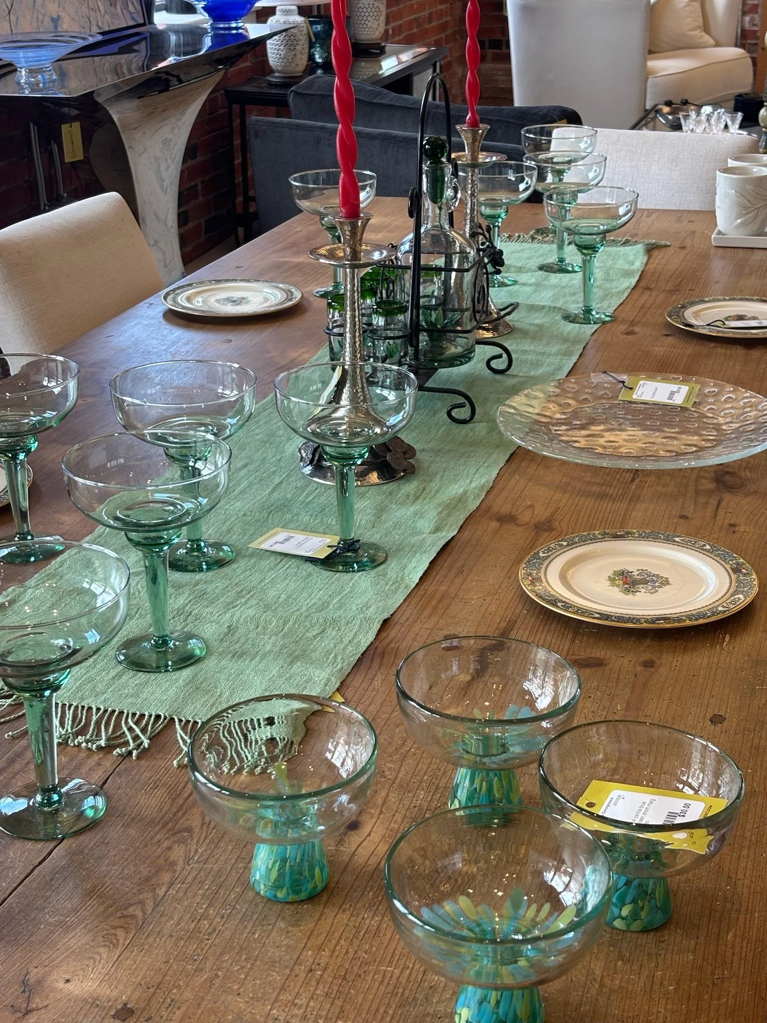 Dining Table with green runner and plate settings