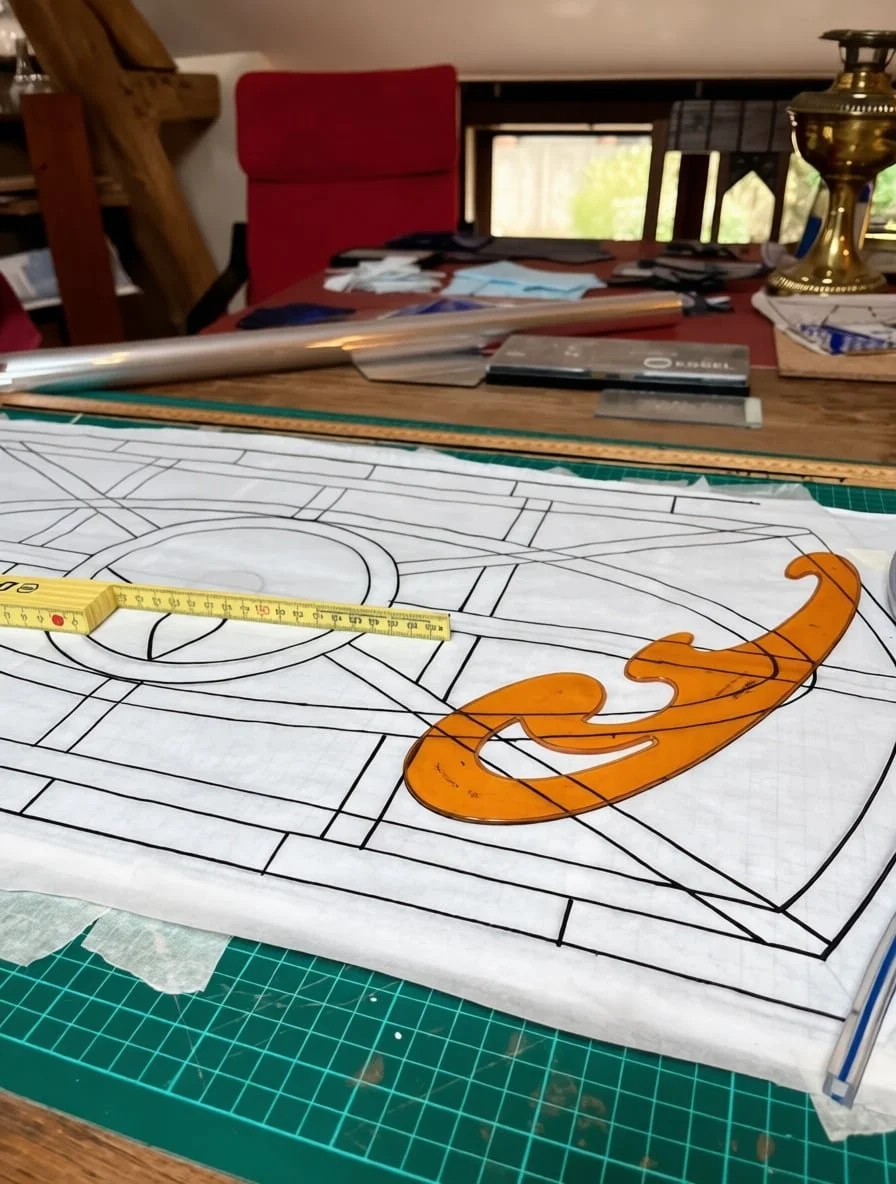 Custom stained glass window design laid out with full-size pattern, rulers, and hand-cut amber glass for a farm door installation