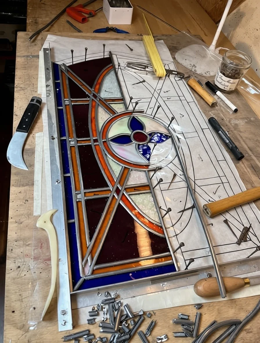 Stained glass farm door window restoration workshop, showing detailed lead came work and textured glass