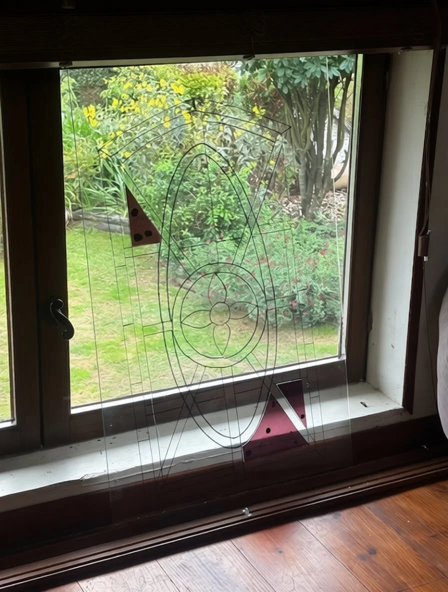 Lead came template outline for stained glass farm door window placed near window frame during design phase