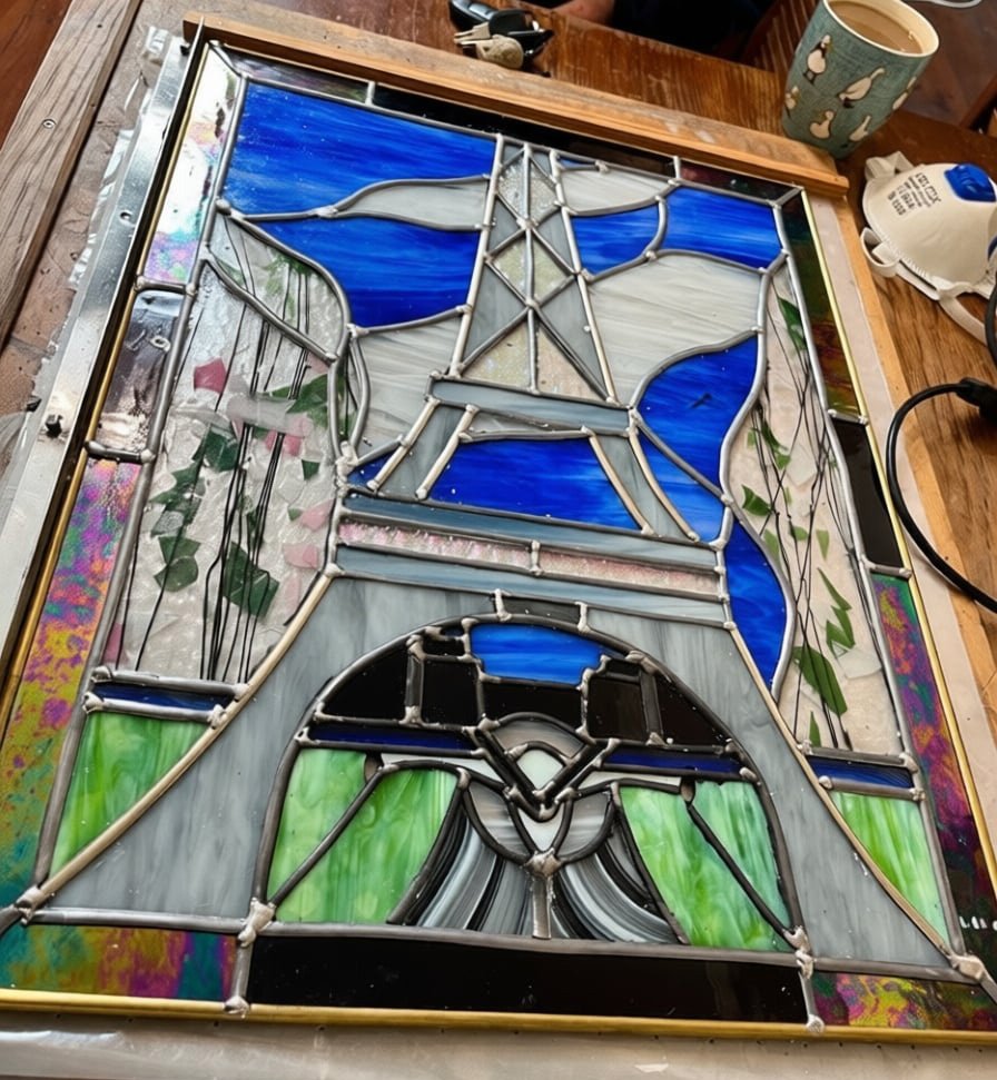 Eiffel Tower stained glass panel in progress on workshop table showing lead came construction and painted details