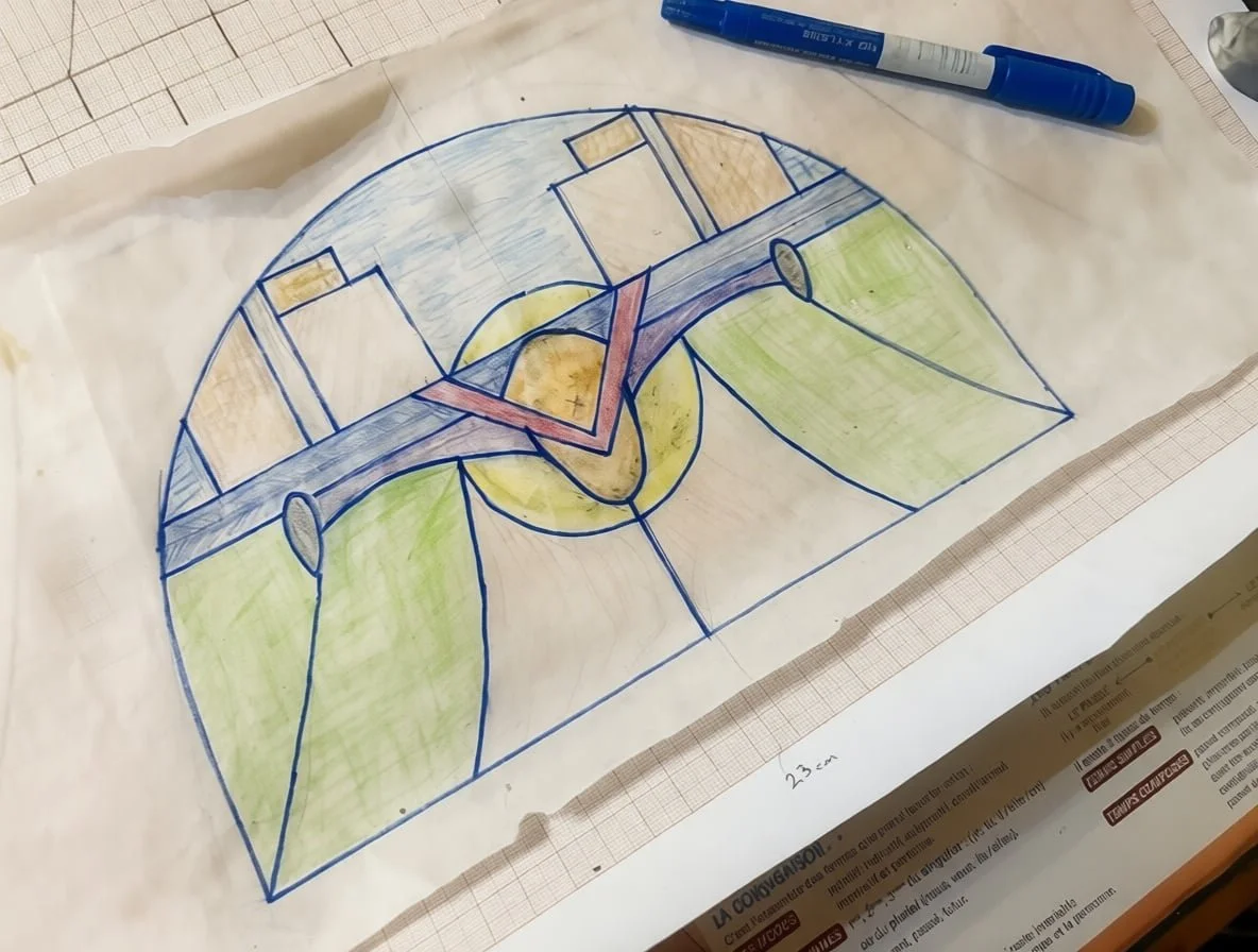 Hand-drawn pattern design for Eiffel Tower stained glass panel with color planning