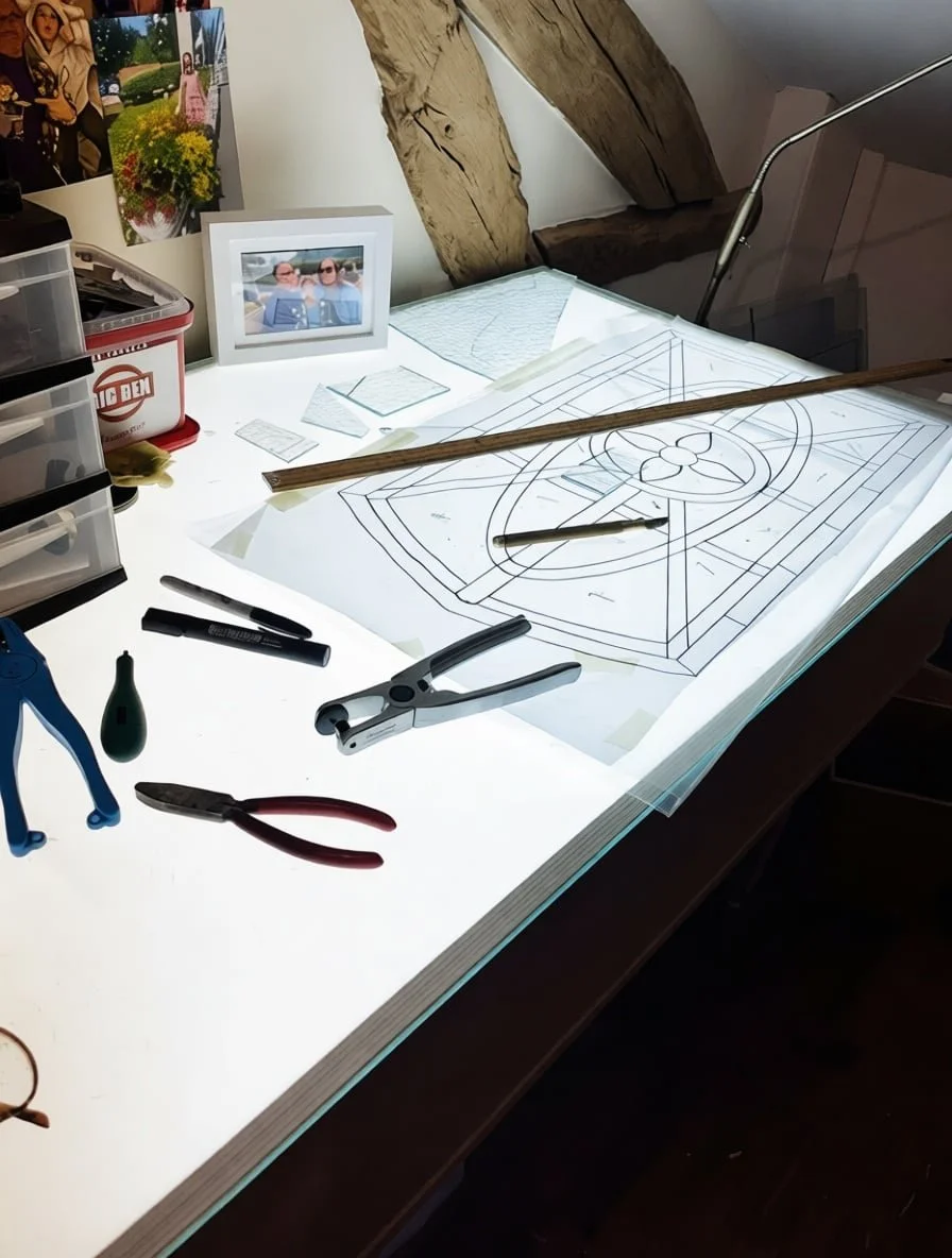 Traditional stained glass studio workspace showing lead came tools, full-size window pattern, and light table during fabrication