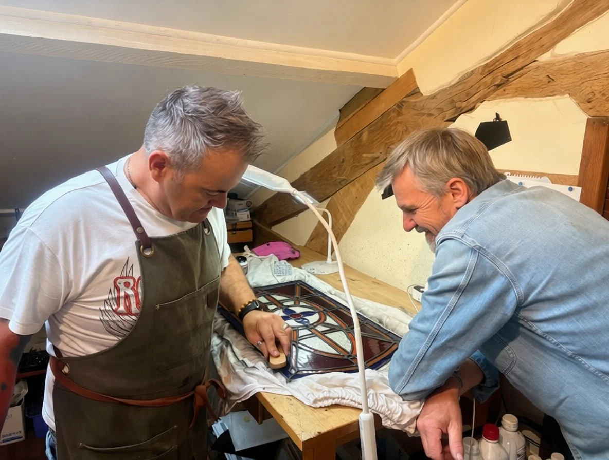 David mentoring Andy during stained glass farm door window restoration in his workshop studio