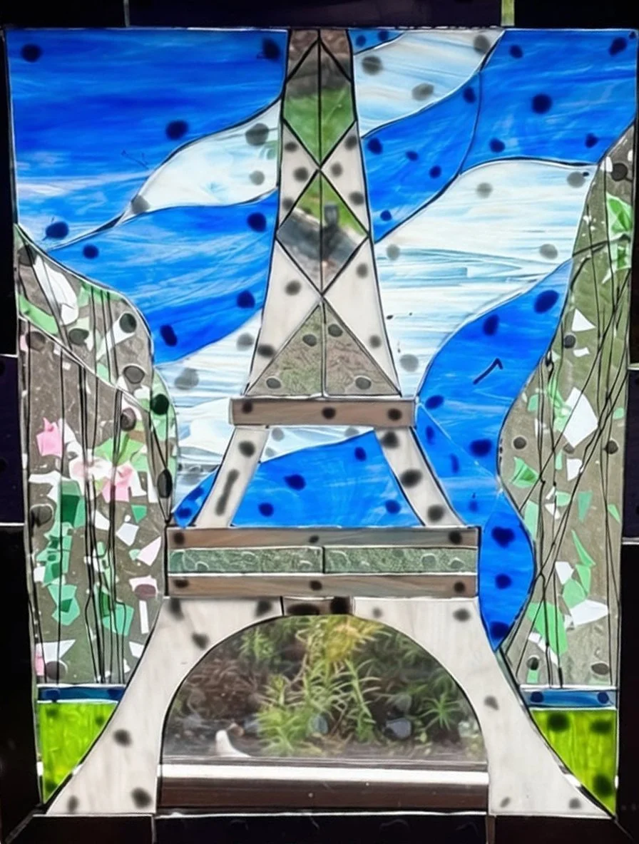 Eiffel Tower stained glass panel hung in window showing light diffusion through textured glass