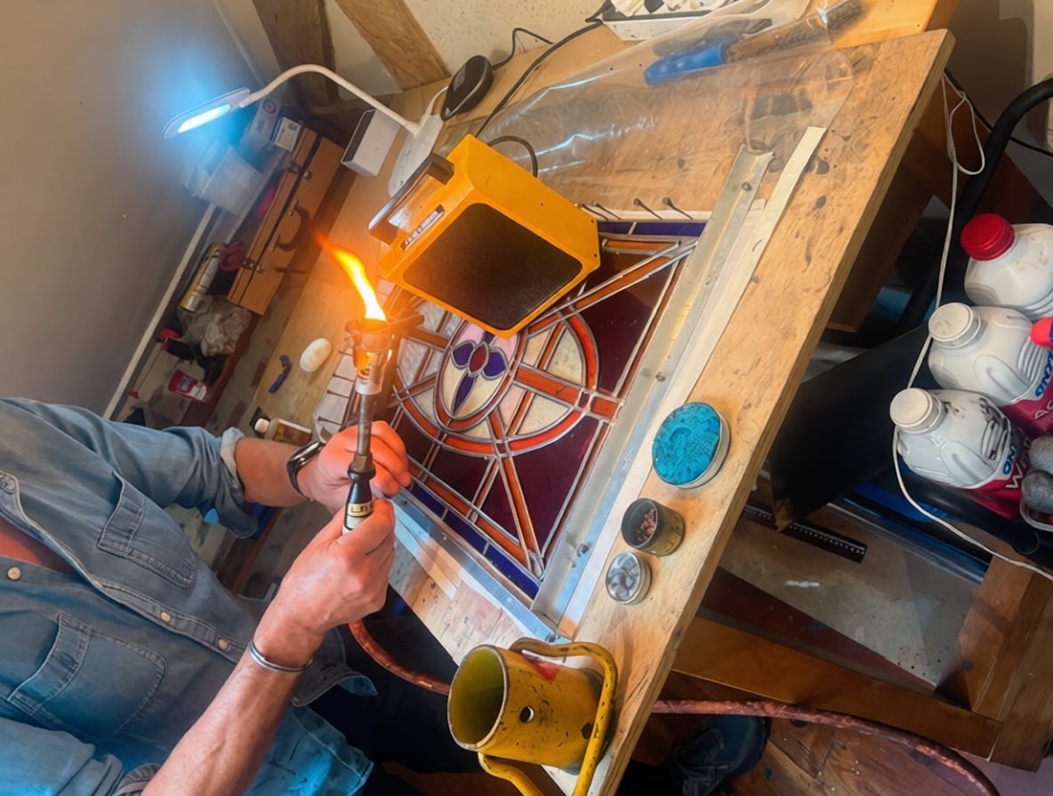 Soldering lead came joints on stained glass farm door window panel with a heat lamp