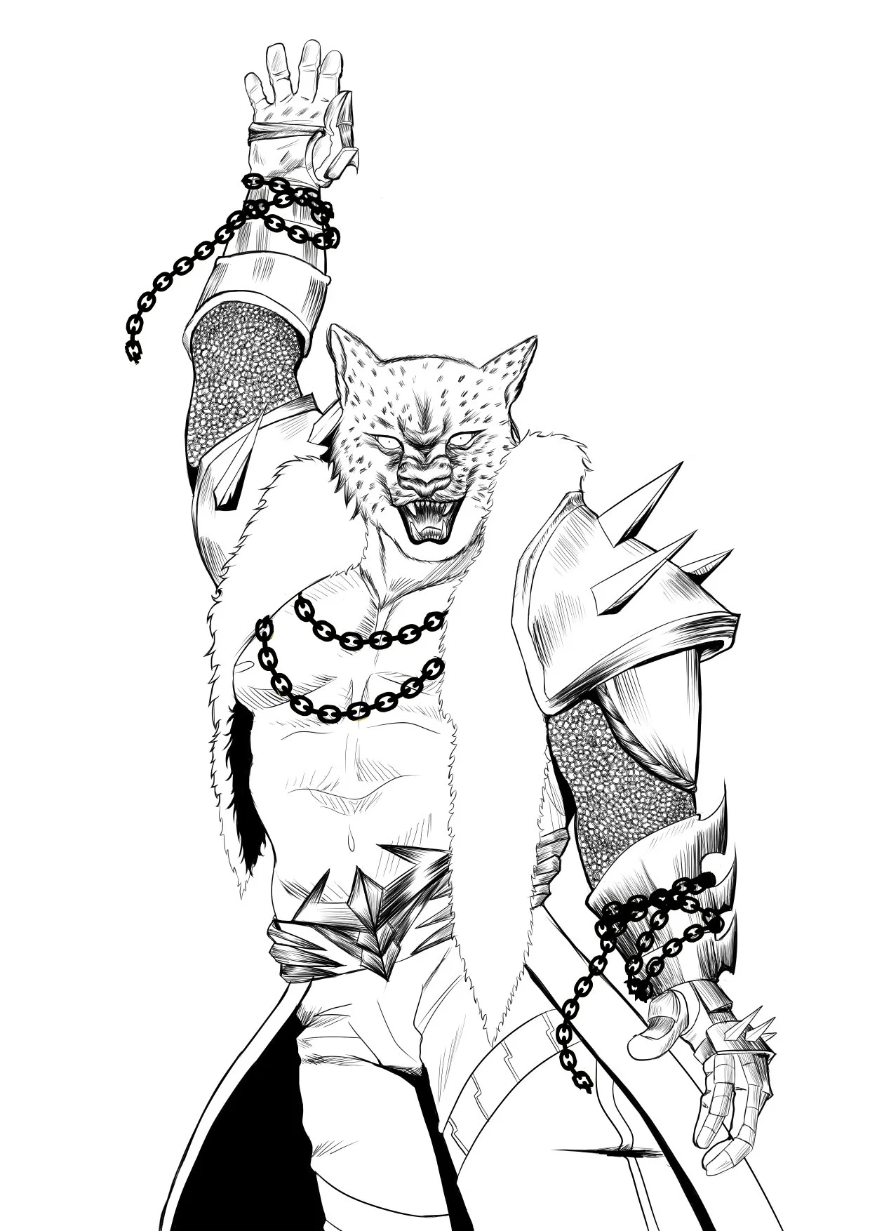 Black and white illustration of a humanoid feline creature with sharp teeth, wearing spiked armor and chains, and raising one arm.