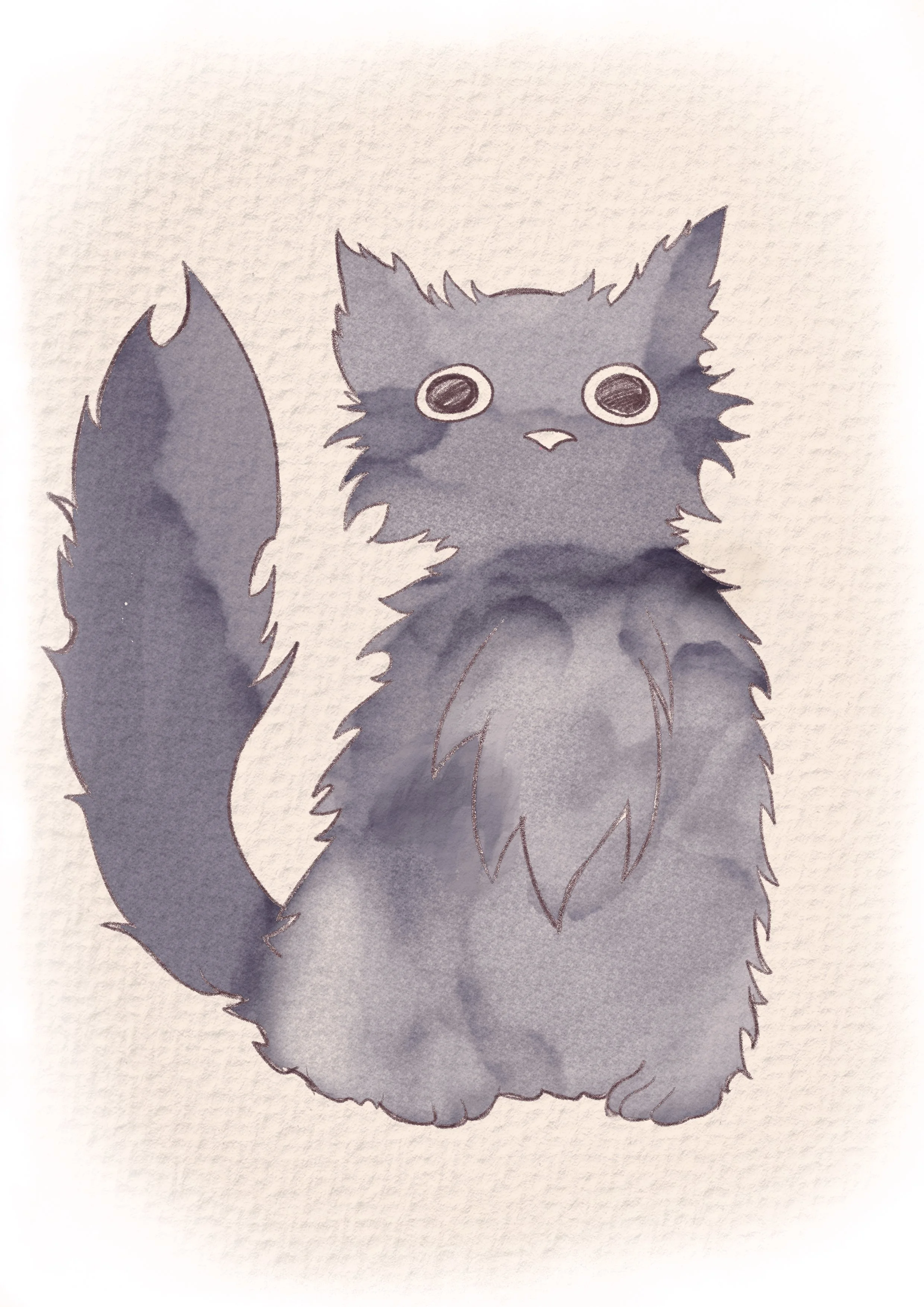 A watercolor illustration of a gray fluffy cat with large, round eyes and a bushy tail sitting on a textured white background.