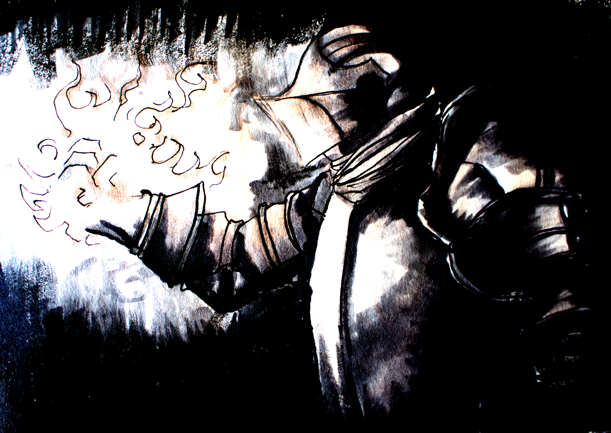 A person wearing a striped jacket holding a cloud of light or steam, with a dark background and pastel-colored accents.