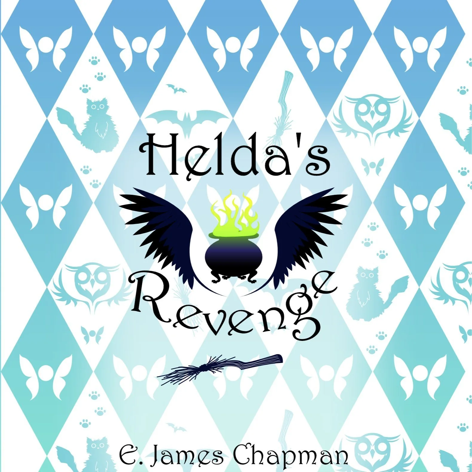 A book cover titled 'Helda's Reverie' by C. James Chapman featuring a black cauldron with green flames, blue wings, and a broomstick set against a background with various white and blue mystical symbols and animals.