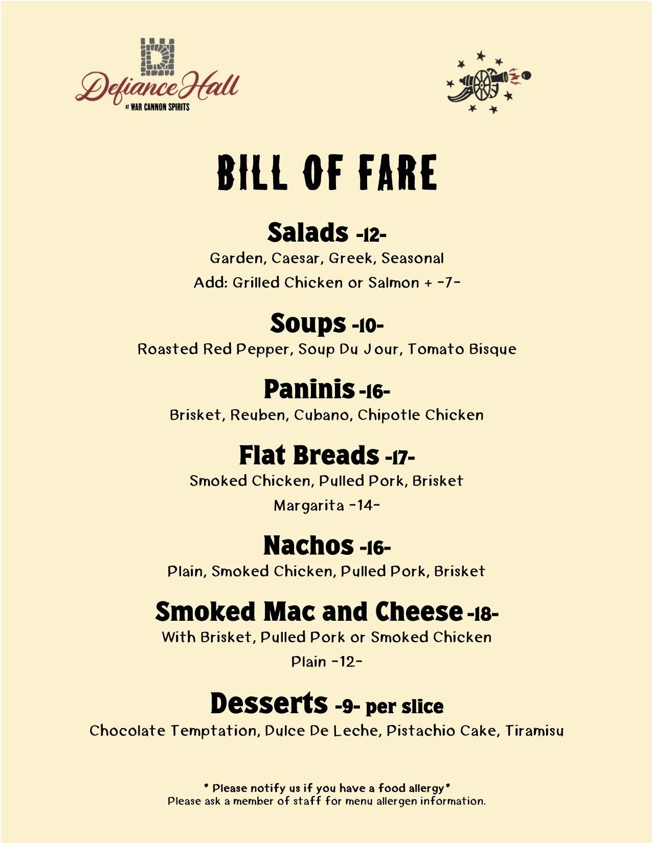 War Cannon Spirits, Defiance Hall Menu 3. Crown Point, NY