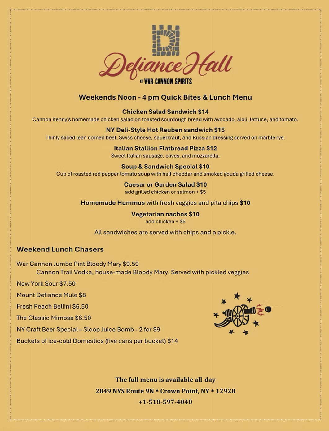 War Cannon Spirits, Defiance Hall Menu 3. Crown Point, NY