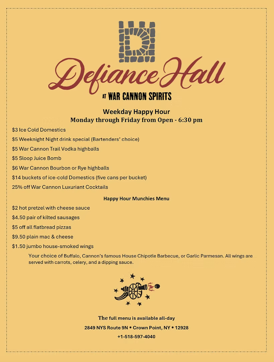 War Cannon Spirits, Defiance Hall Menu. Crown Point NY