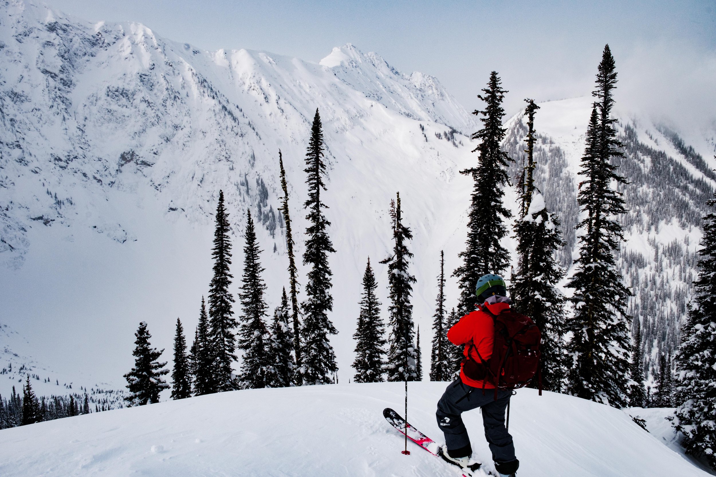 A skier dressed in red and gray gear with a backpack, standing on snowy ground with skis, surrounded by tall pine trees and snow-covered mountains.