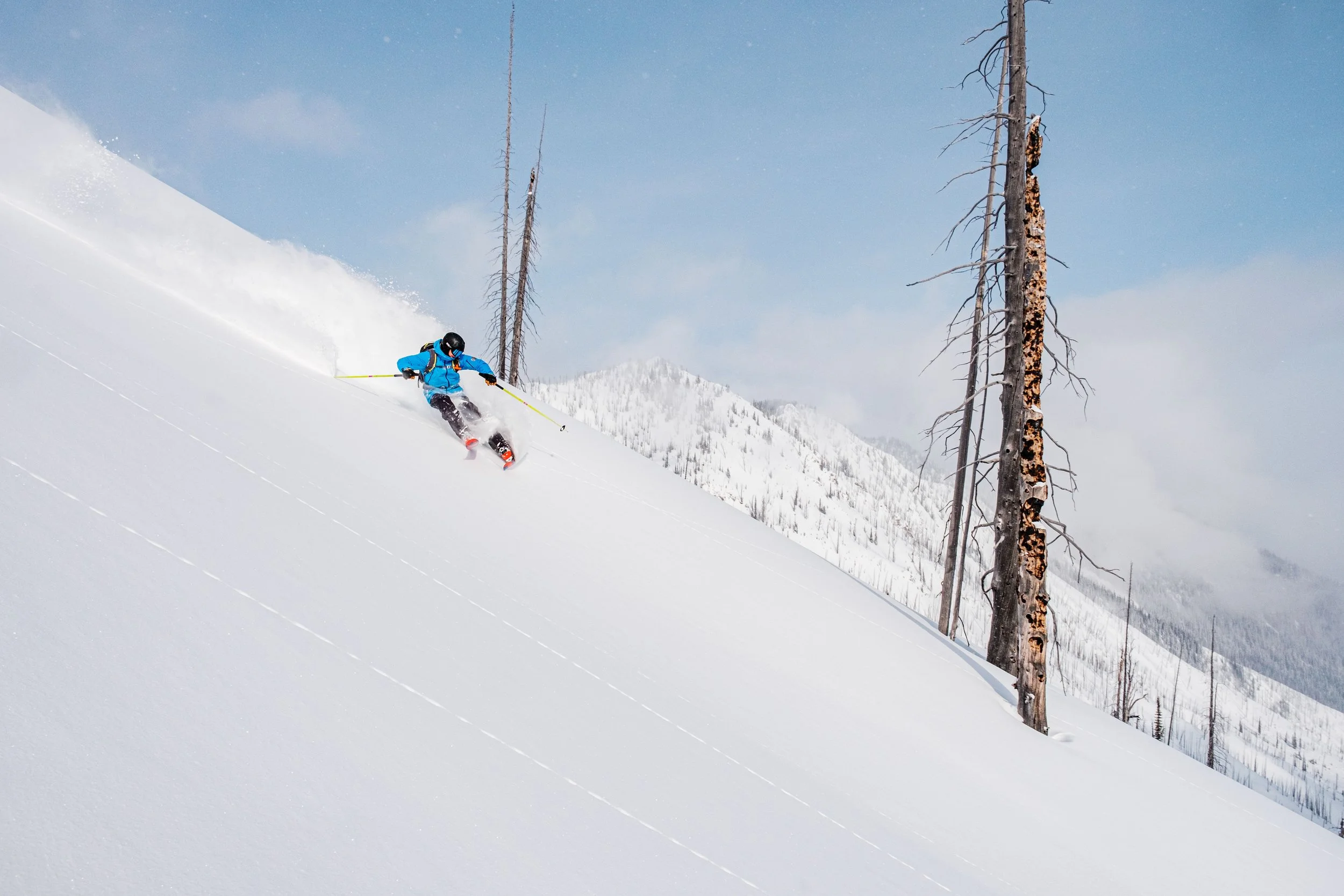 A skier in a blue jacket and black helmet skiing down a snowy mountain slope with leafless trees and snow-covered hills in the background.