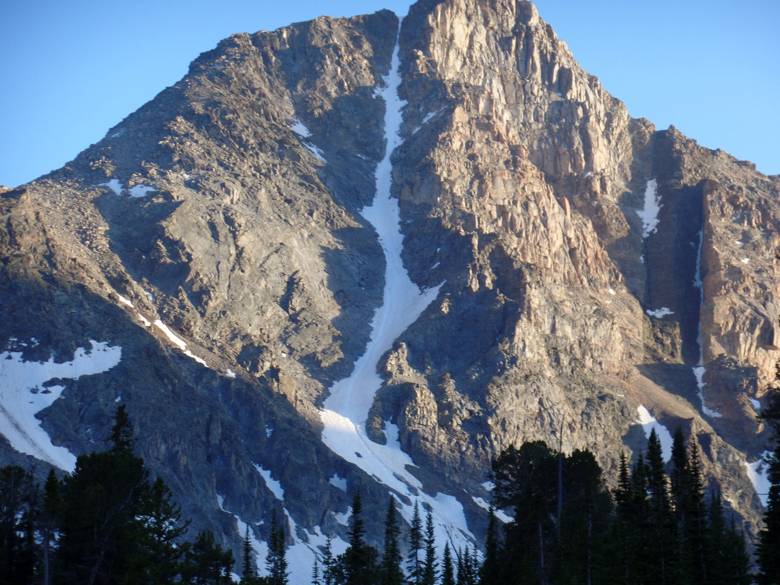 Rocky mountain peak with patches of snow and evergreen trees at the base, under a clear blue sky.