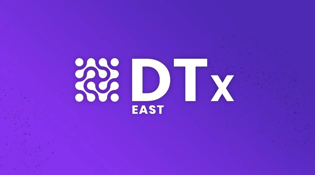 Purple background with a white abstract logo, the text 'DTx EAST' in bold white letters.