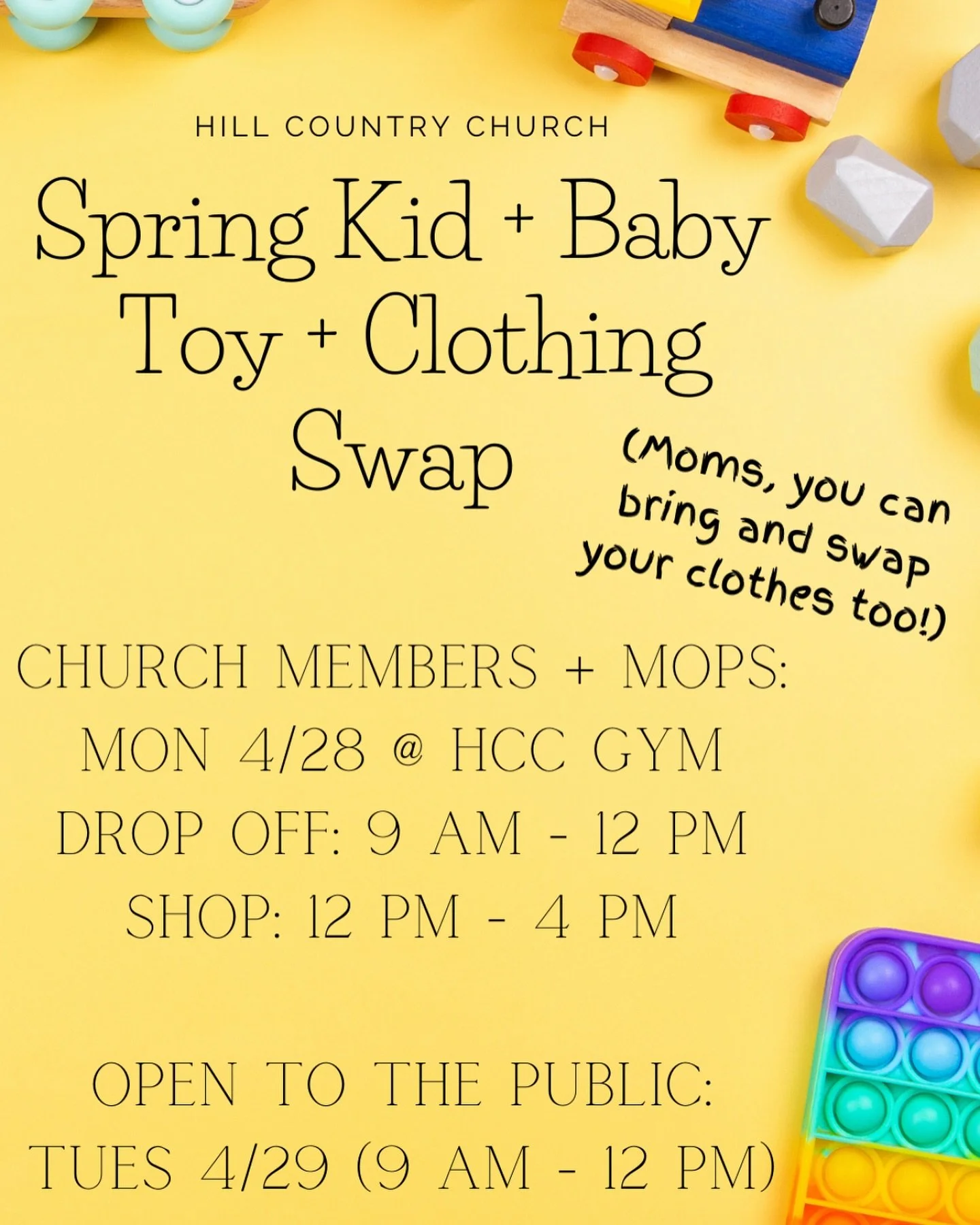 Save the date! // Clean out those closets and join us Monday, April 28th at @hcc.fbg for our community mom swap.
.
MomCo Mamas will have an additional opportunity for a private swap at our last meeting of the 2024-2025 year that night starting at 6:0