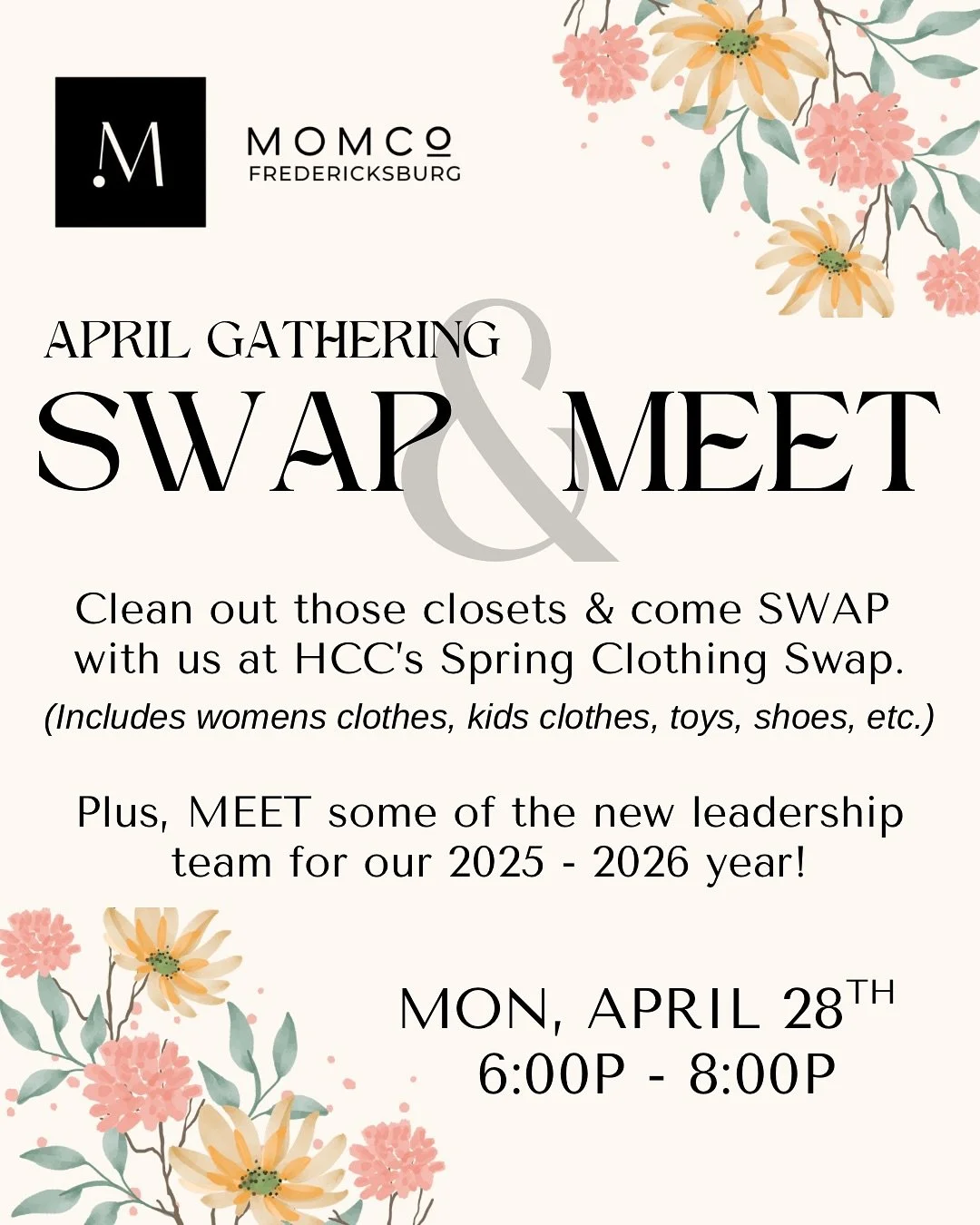 Our last meeting of the 2024-2025 year is in TWO WEEKS (Mon 4/28) and we sure do hope you&rsquo;ll make plans to join us!

👚 Come SWAP clothes with us (women&rsquo;s, kids, toys, shoes, etc.) at our private swapping time during meeting &amp; before 