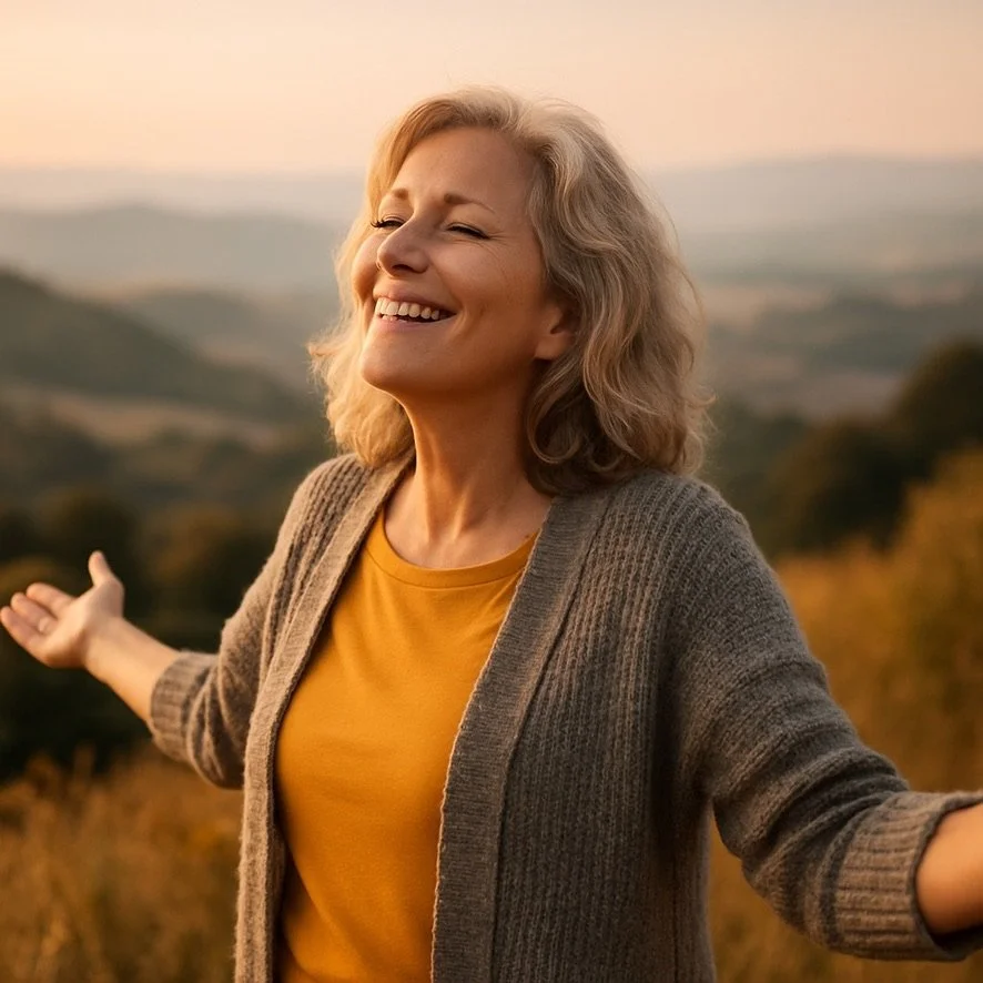A smiling woman with gray hair standing outdoors with her arms open, in front of a scenic landscape at sunset.