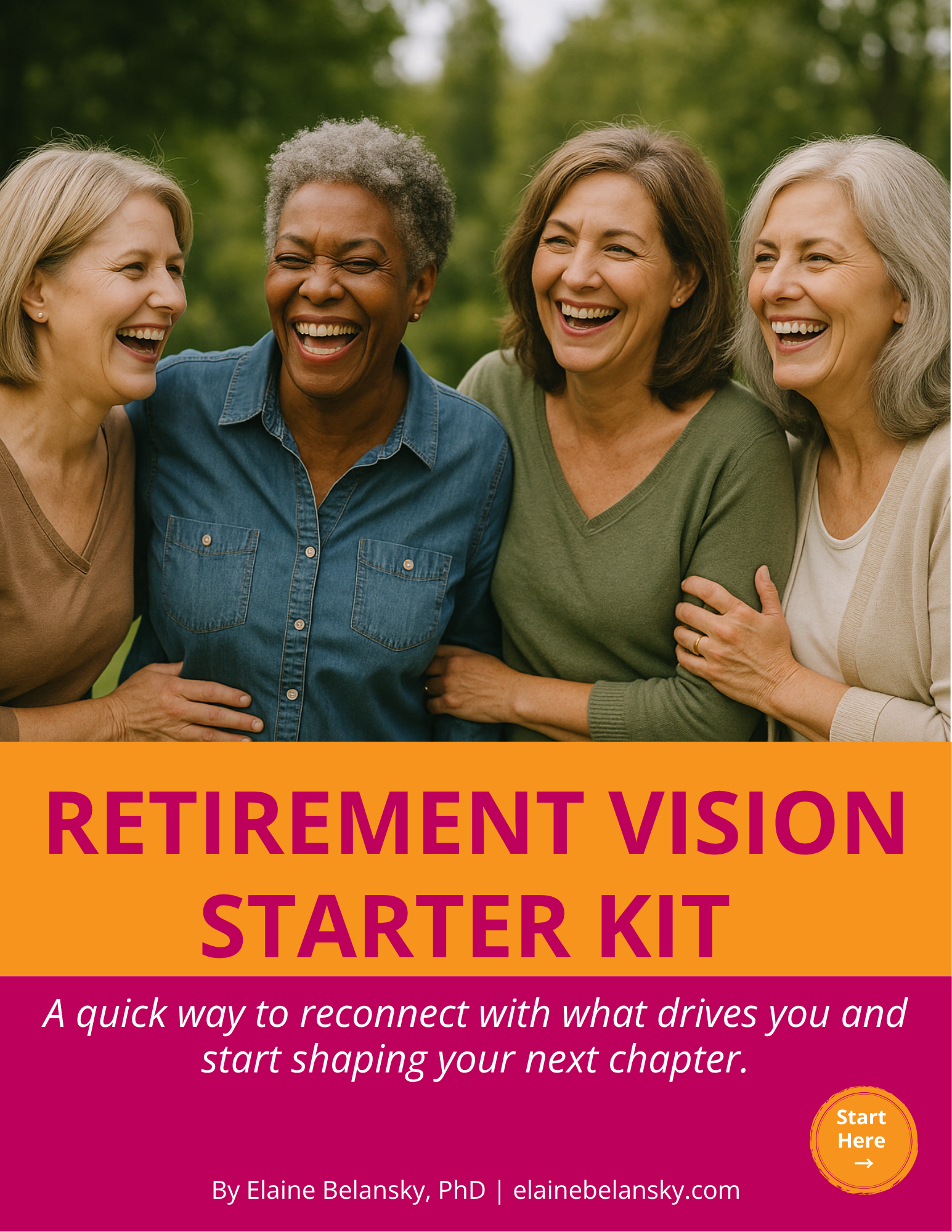 Cover of the Retirement Vision Starter Kit showing four women in their 50s–60s laughing together outside, symbolizing joy, support, and the emotional clarity women seek in retirement.