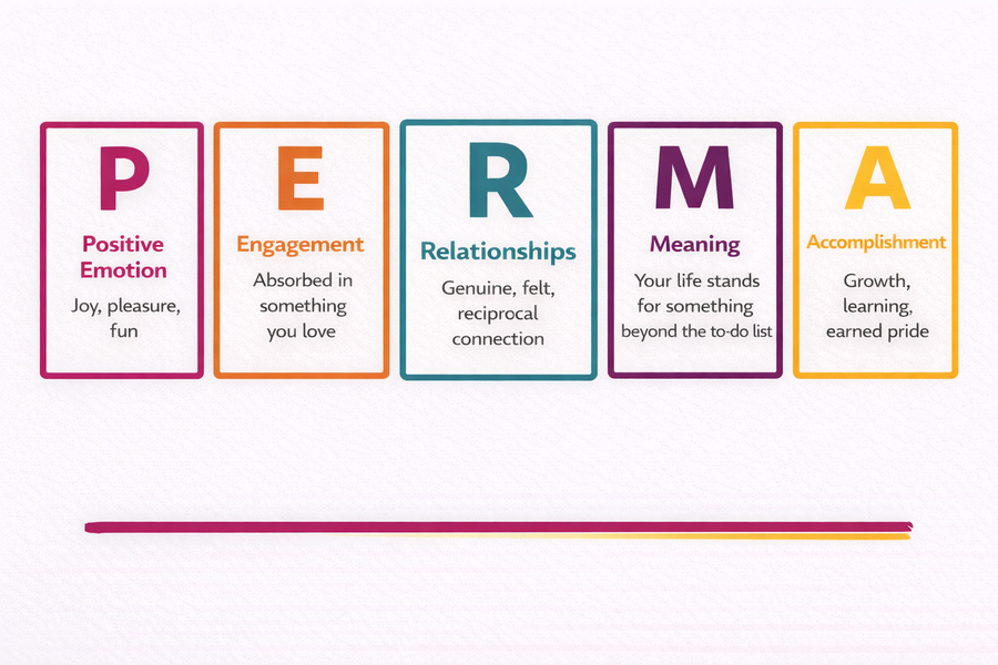 PERMA framework diagram — five ingredients for wellbeing: Positive Emotion, Engagement, Relationships, Meaning, Accomplishment — by Elaine Belansky, elainebelansky.com