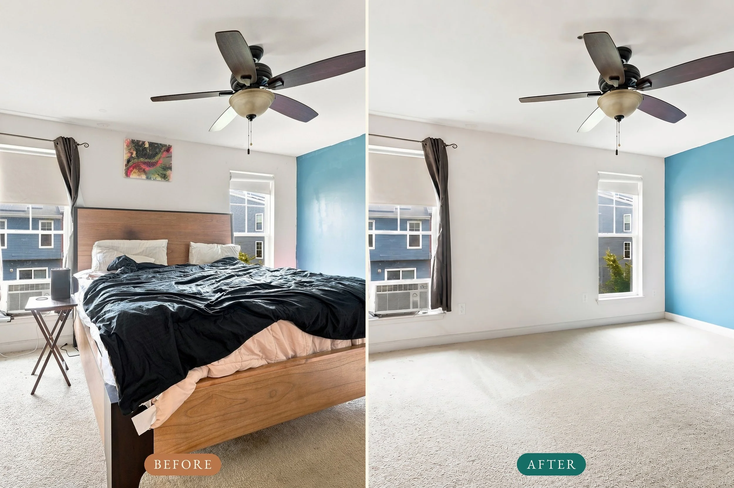Before and after of a primary bedroom fully cleared with digital decluttering, window curtains retained