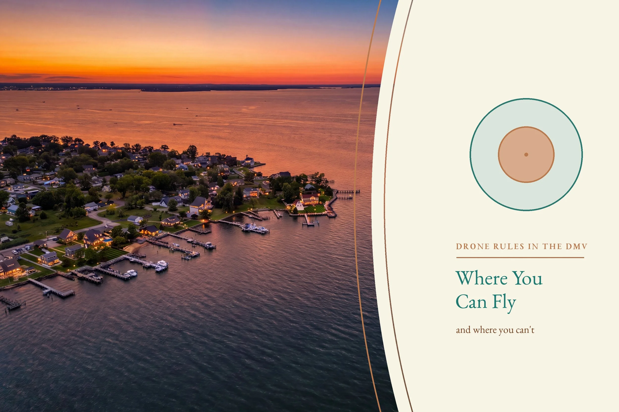 Aerial twilight view of a Chesapeake Bay waterfront community with lit homes, private docks, and boats at sunset.