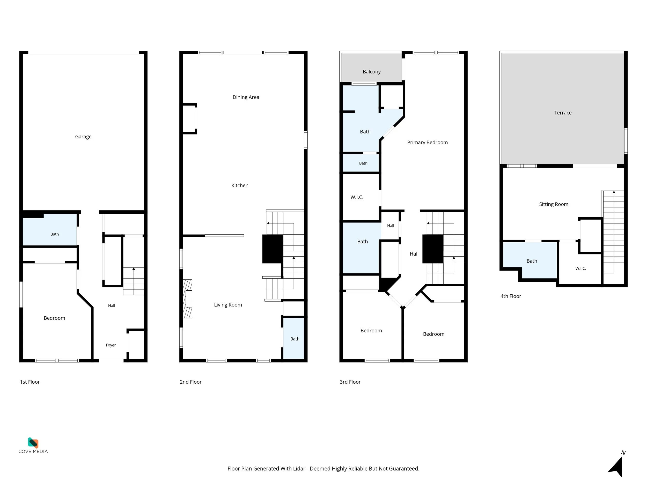 Four-level 2D floor plan of a townhome showing a garage, bedroom and bath on the first floor; kitchen, dining and living room on the second; three bedrooms on the third; and a sitting room with a terrace on the fourth.