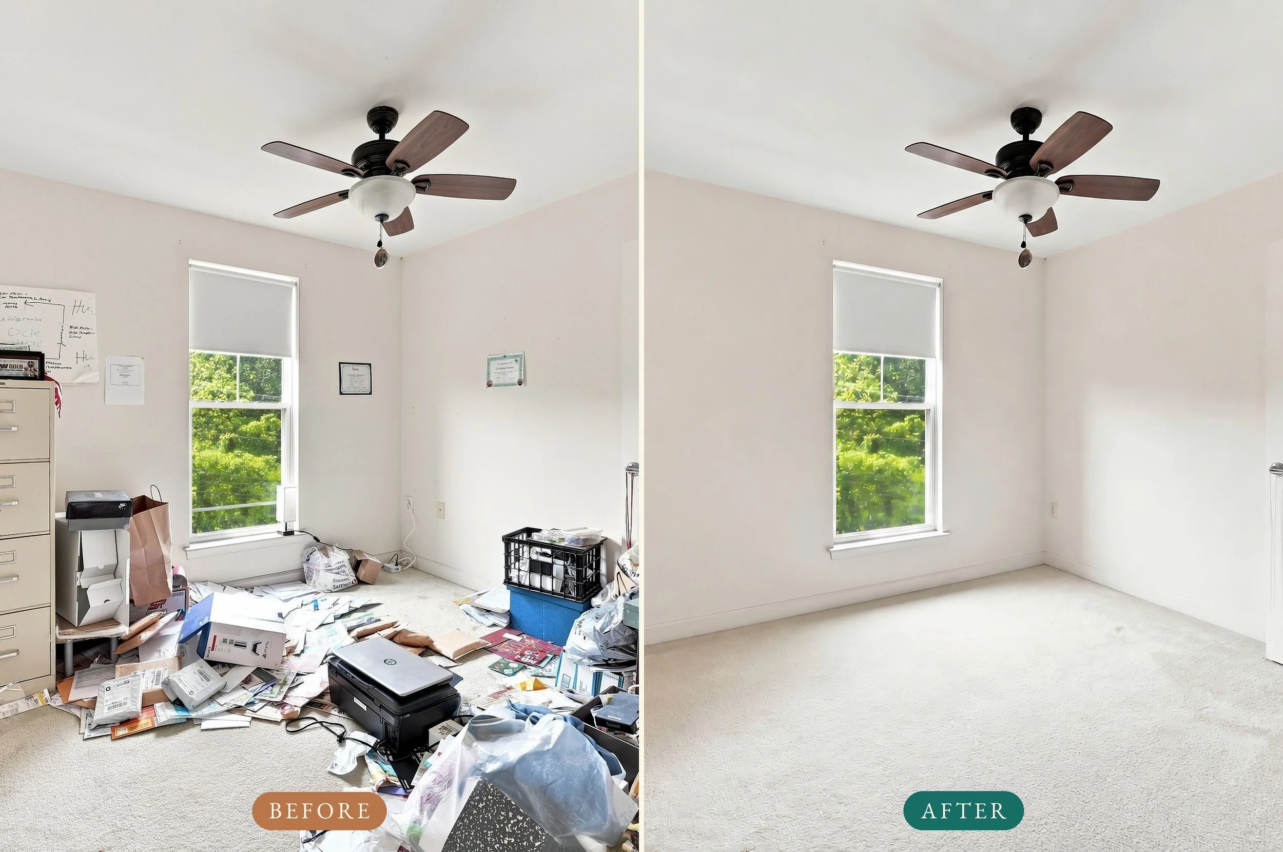 Before and after of a lived-in bedroom fully cleared with digital decluttering for a home listing