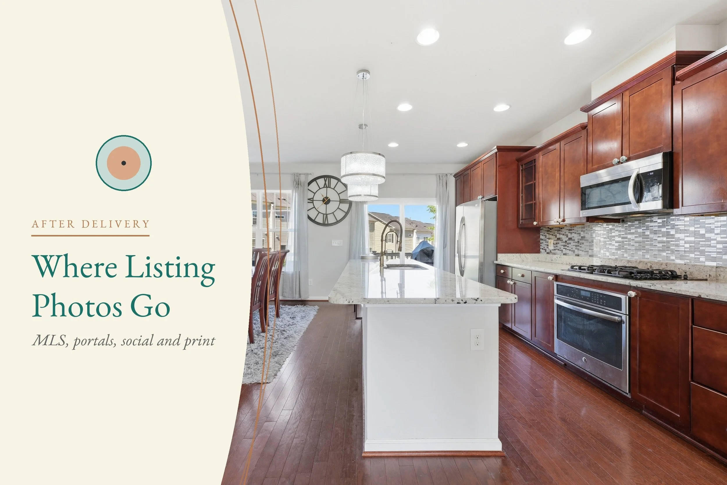 Title graphic reading Where Listing Photos Go beside an open-plan townhome kitchen, with a long light stone island down the center, cherry cabinets and stainless appliances at right, and the dining area beyond.