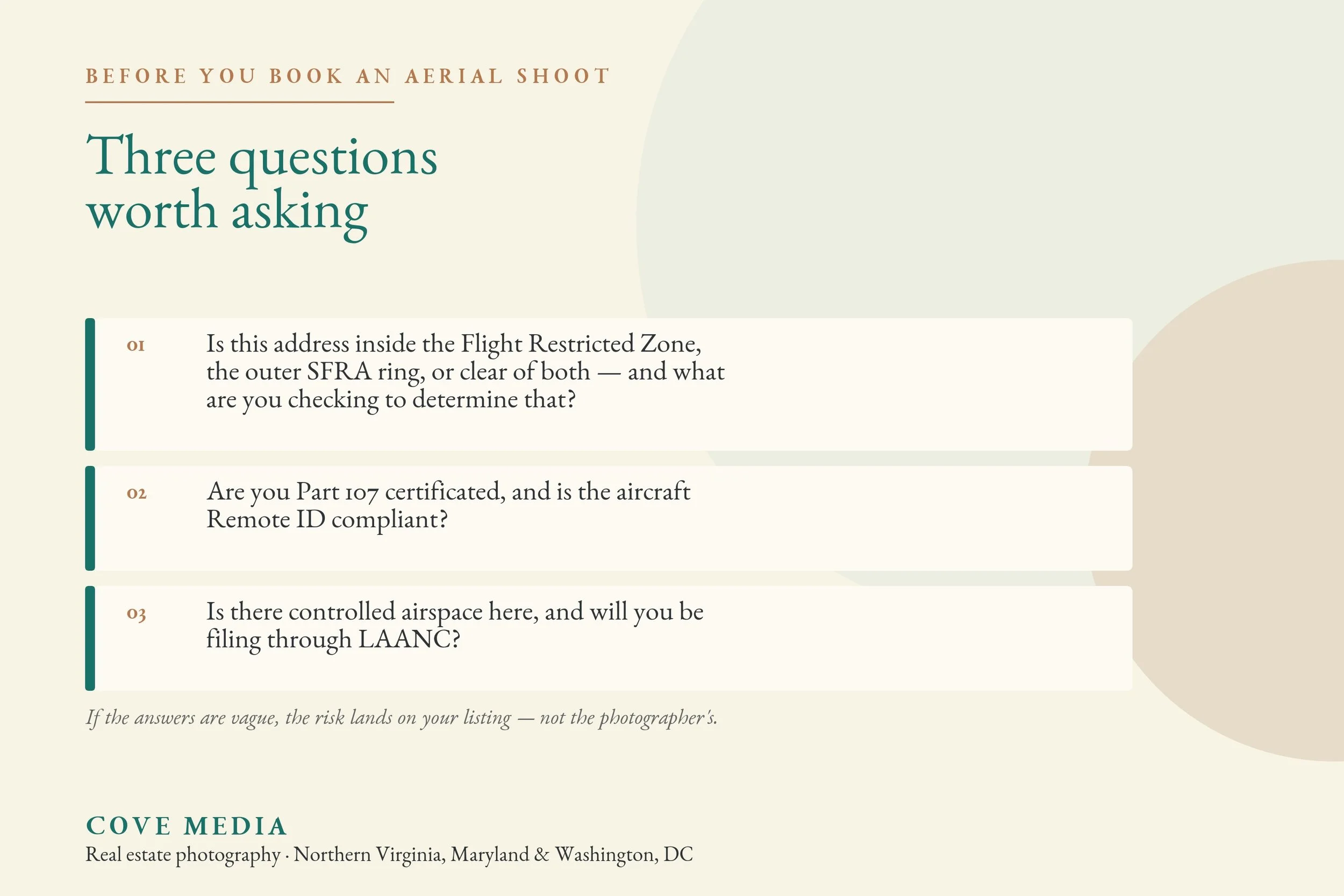 Card listing three questions to ask before booking an aerial real estate shoot — airspace zone, Part 107 certification, and LAANC filing.