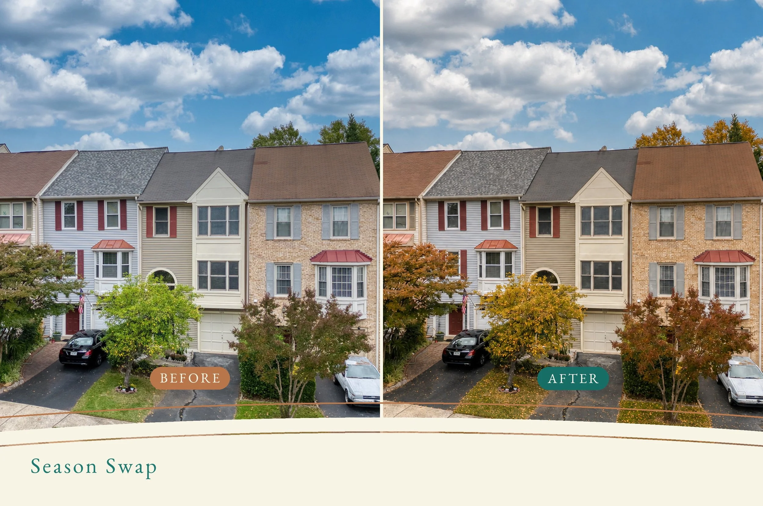 Side-by-side aerial comparison of the same Northern Virginia townhome row: at left the original September frame with green trees, at right the same frame converted to fall with orange and gold canopy, browned lawn and leaf litter on the street.