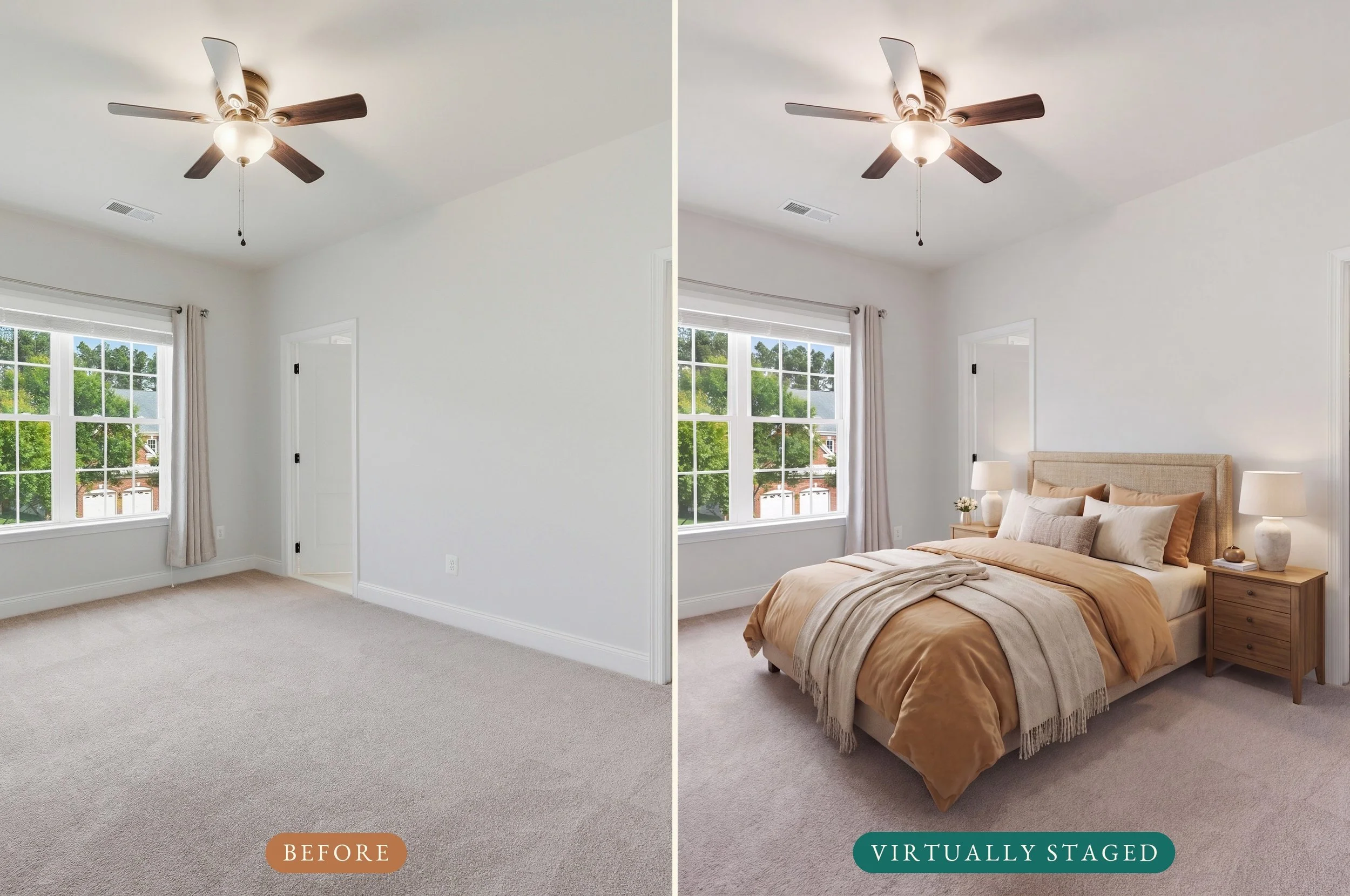 Side-by-side comparison of a bedroom with a ceiling fan, a window and an open door: on the left empty with bare carpet, on the right virtually staged with a bed, nightstands, lamps and bedding.