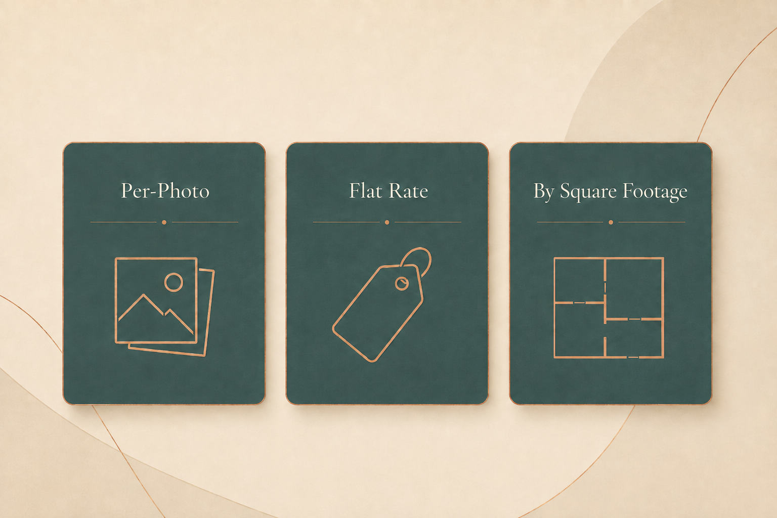 Three real estate photography pricing models compared: per-photo, flat rate, and by square footage.